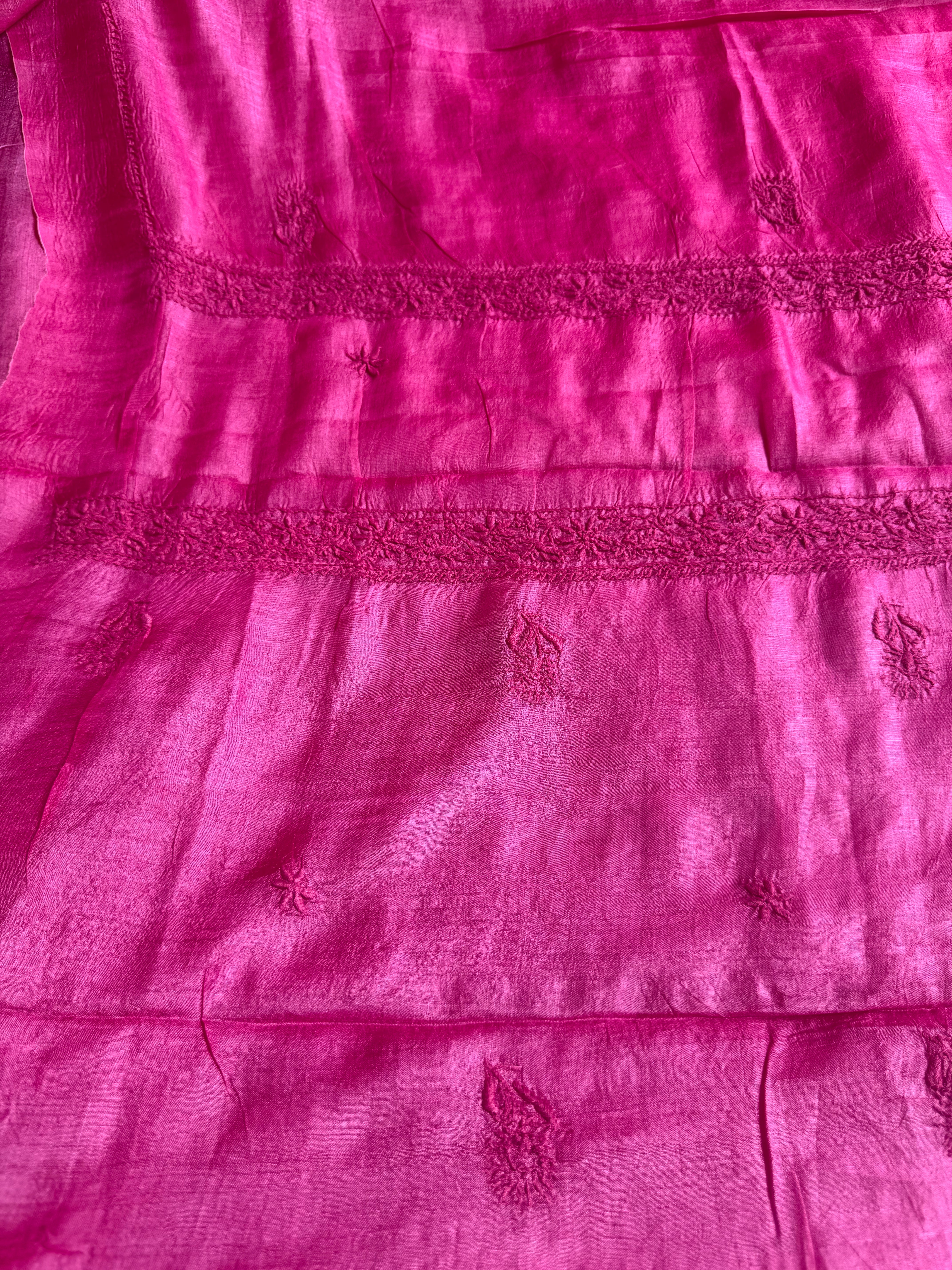 Pure Tussar Silk Chikankari Length with Dupatta - Hot Pink ARIAA CHIKANKARI