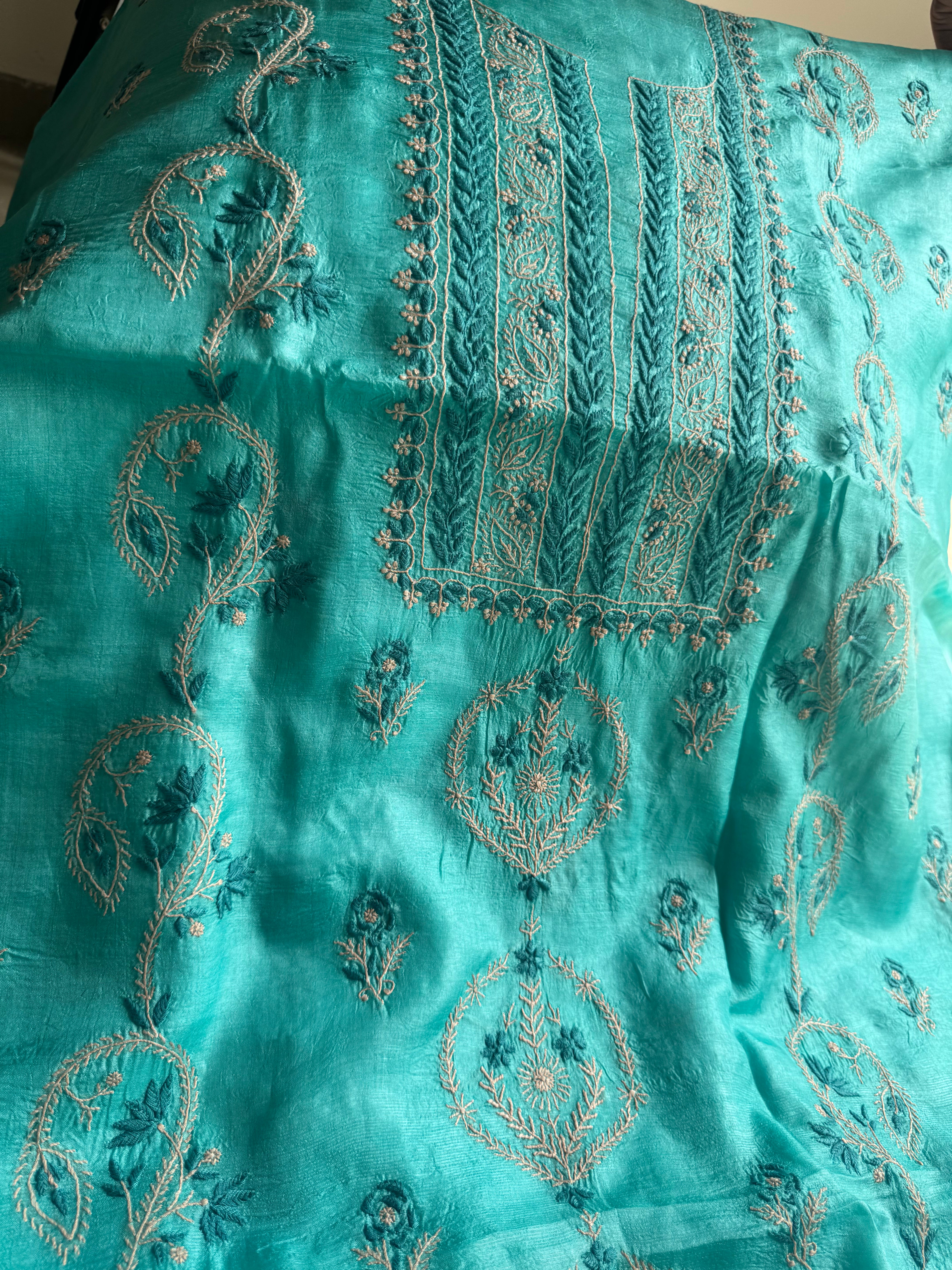 Pure Tussar Silk Chikankari Length with Dupatta - Blue Multi Thread ARIAA CHIKANKARI
