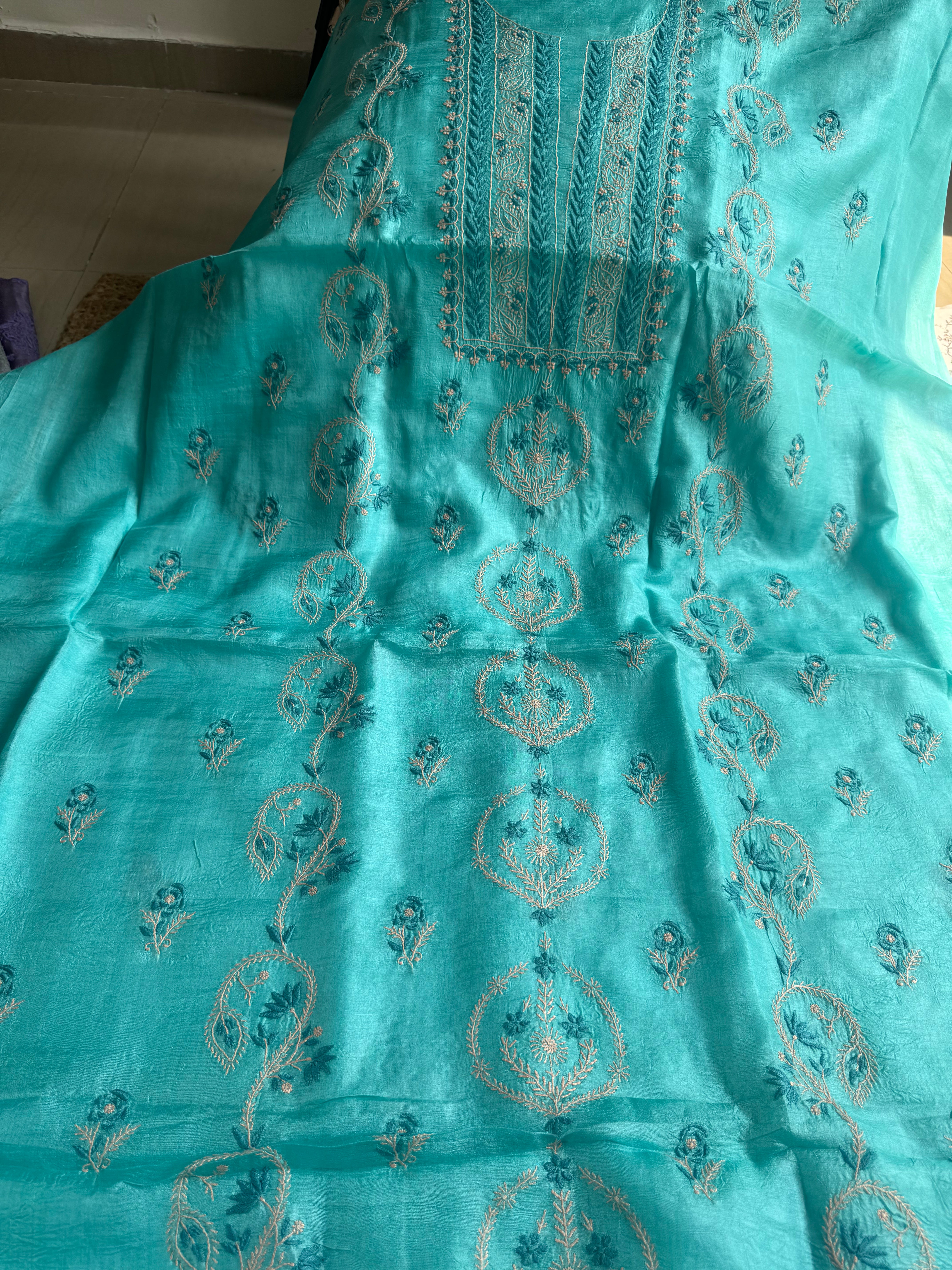 Pure Tussar Silk Chikankari Length with Dupatta - Blue Multi Thread ARIAA CHIKANKARI