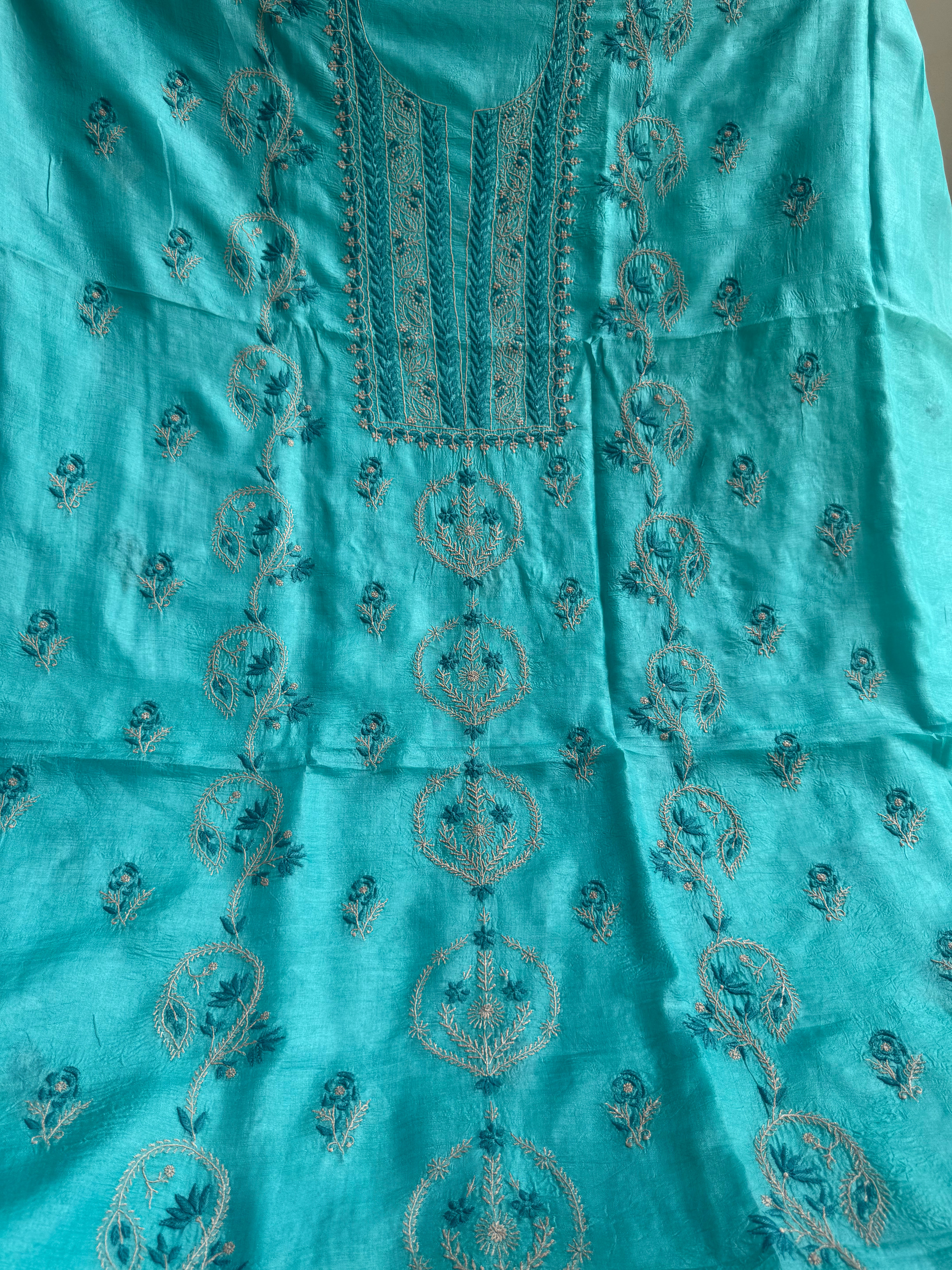 Pure Tussar Silk Chikankari Length with Dupatta - Blue Multi Thread ARIAA CHIKANKARI
