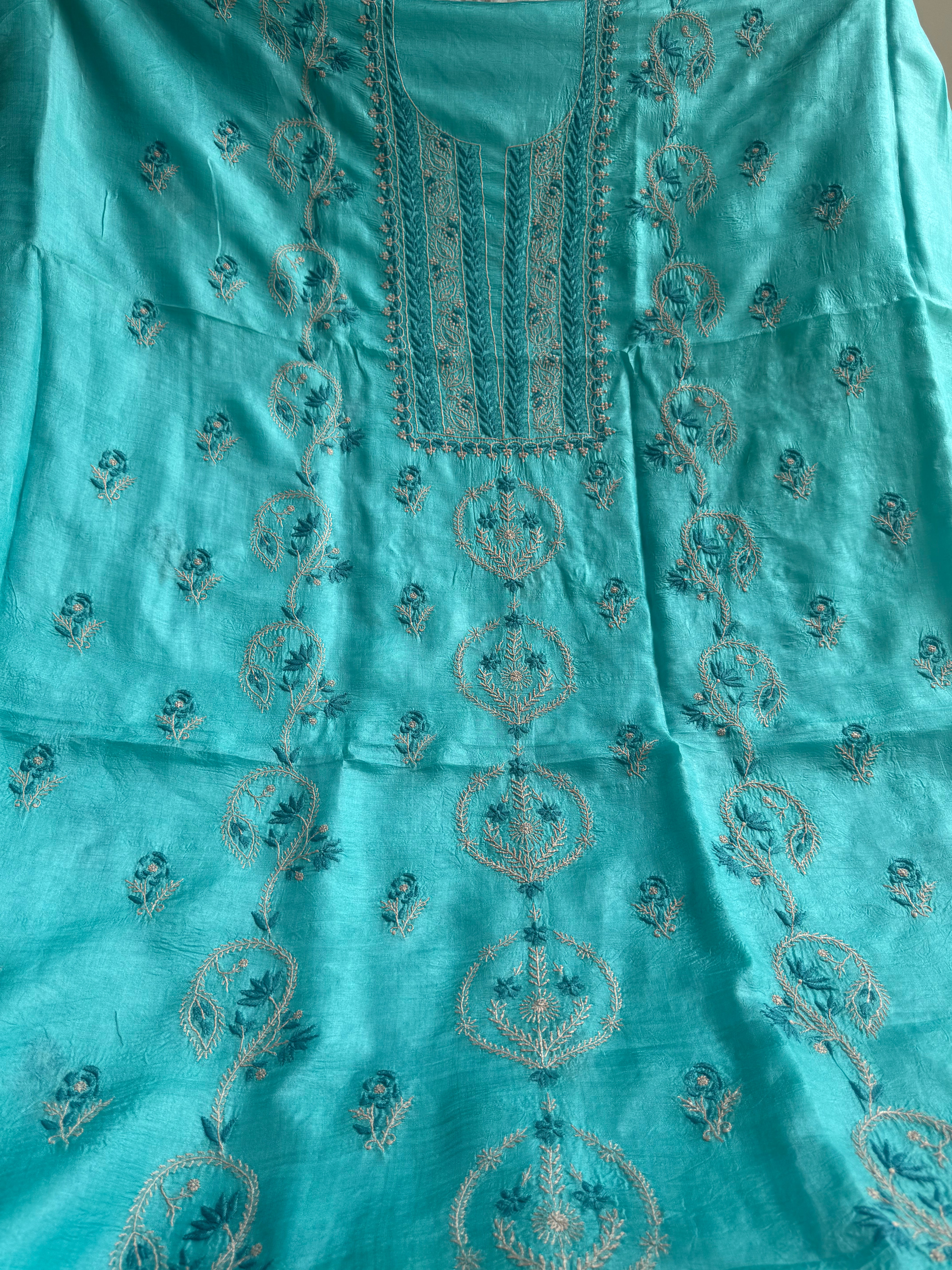 Pure Tussar Silk Chikankari Length with Dupatta - Blue Multi Thread ARIAA CHIKANKARI