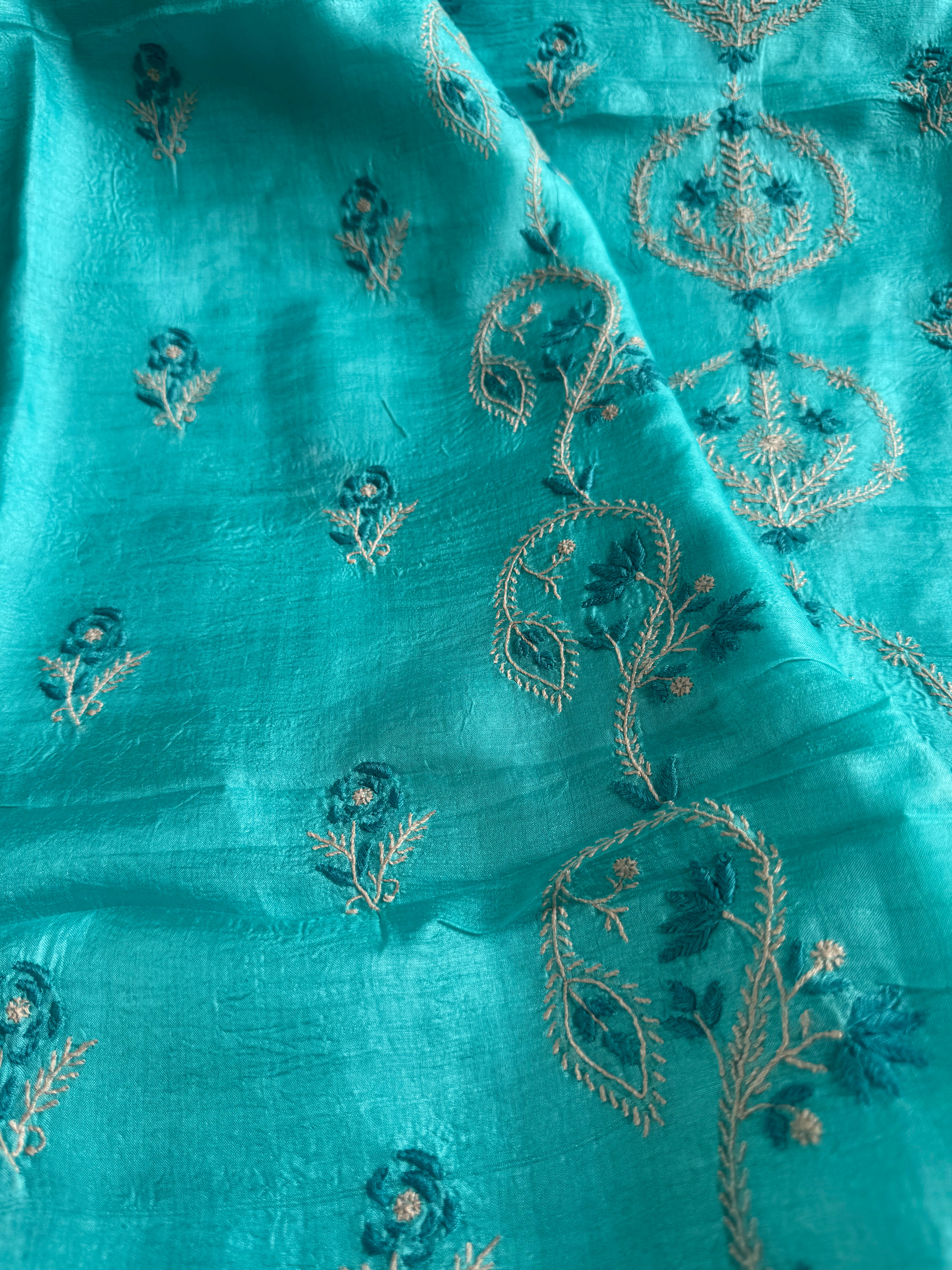 Pure Tussar Silk Chikankari Length with Dupatta - Blue Multi Thread ARIAA CHIKANKARI