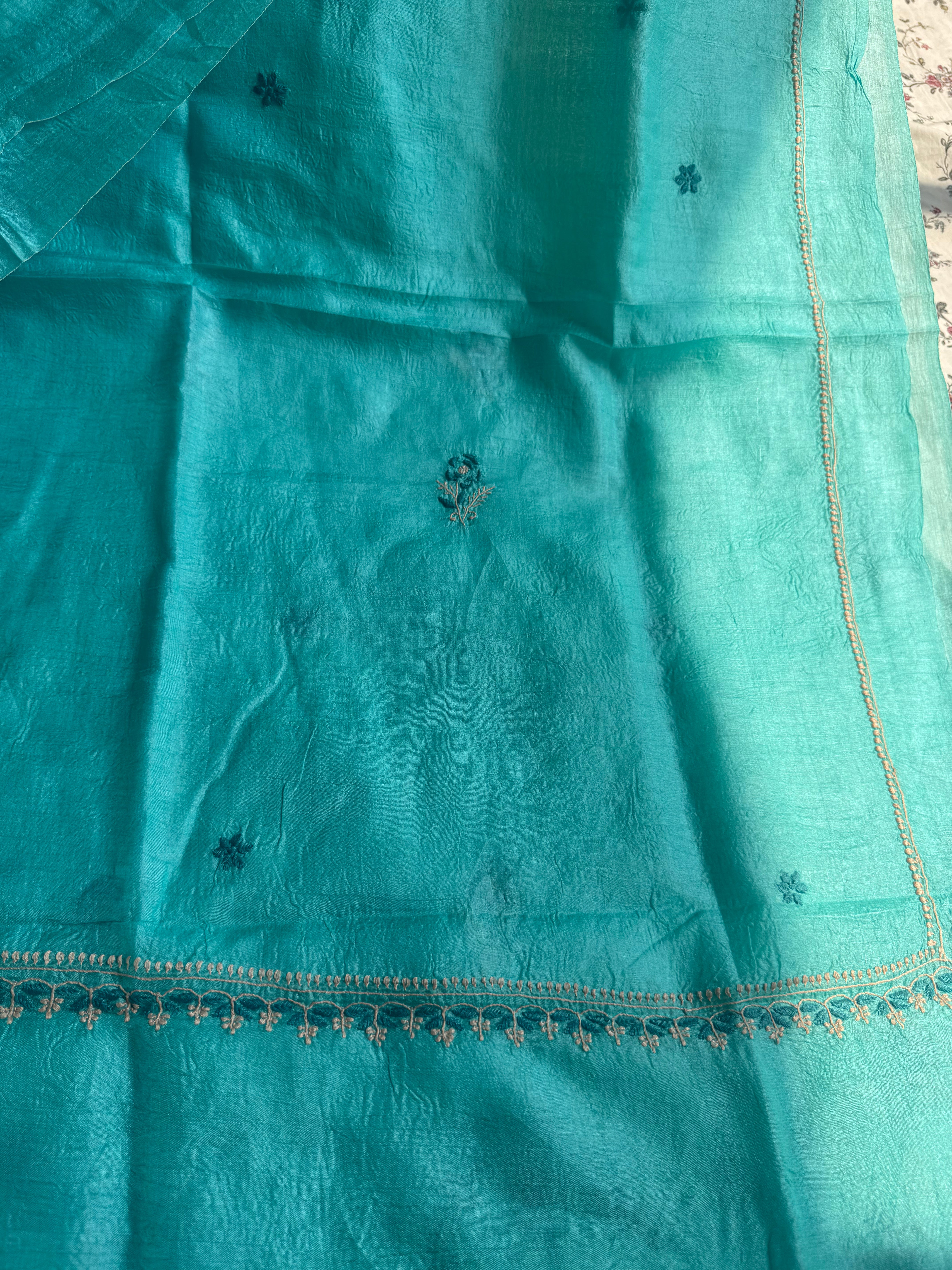 Pure Tussar Silk Chikankari Length with Dupatta - Blue Multi Thread ARIAA CHIKANKARI
