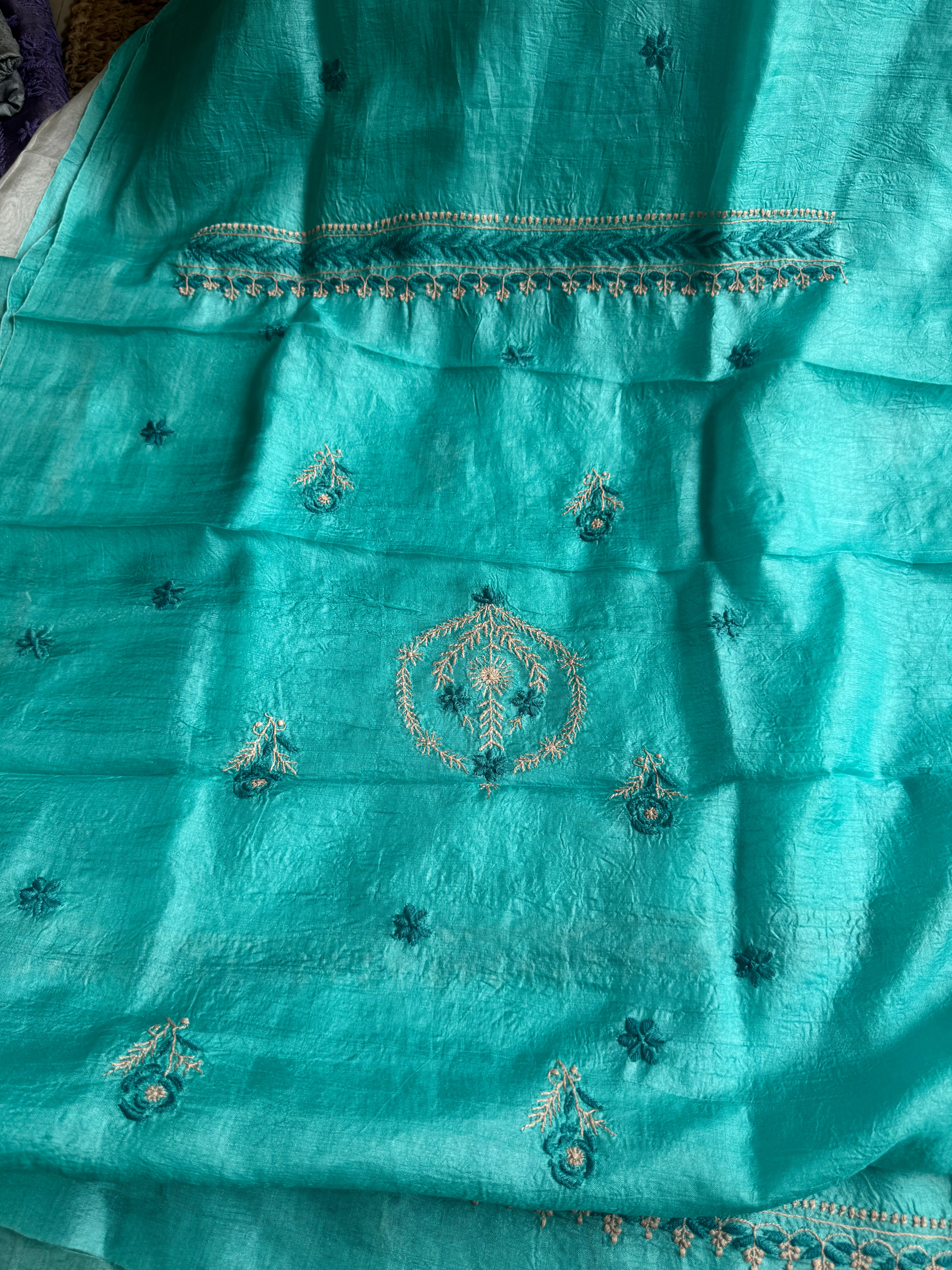 Pure Tussar Silk Chikankari Length with Dupatta - Blue Multi Thread ARIAA CHIKANKARI