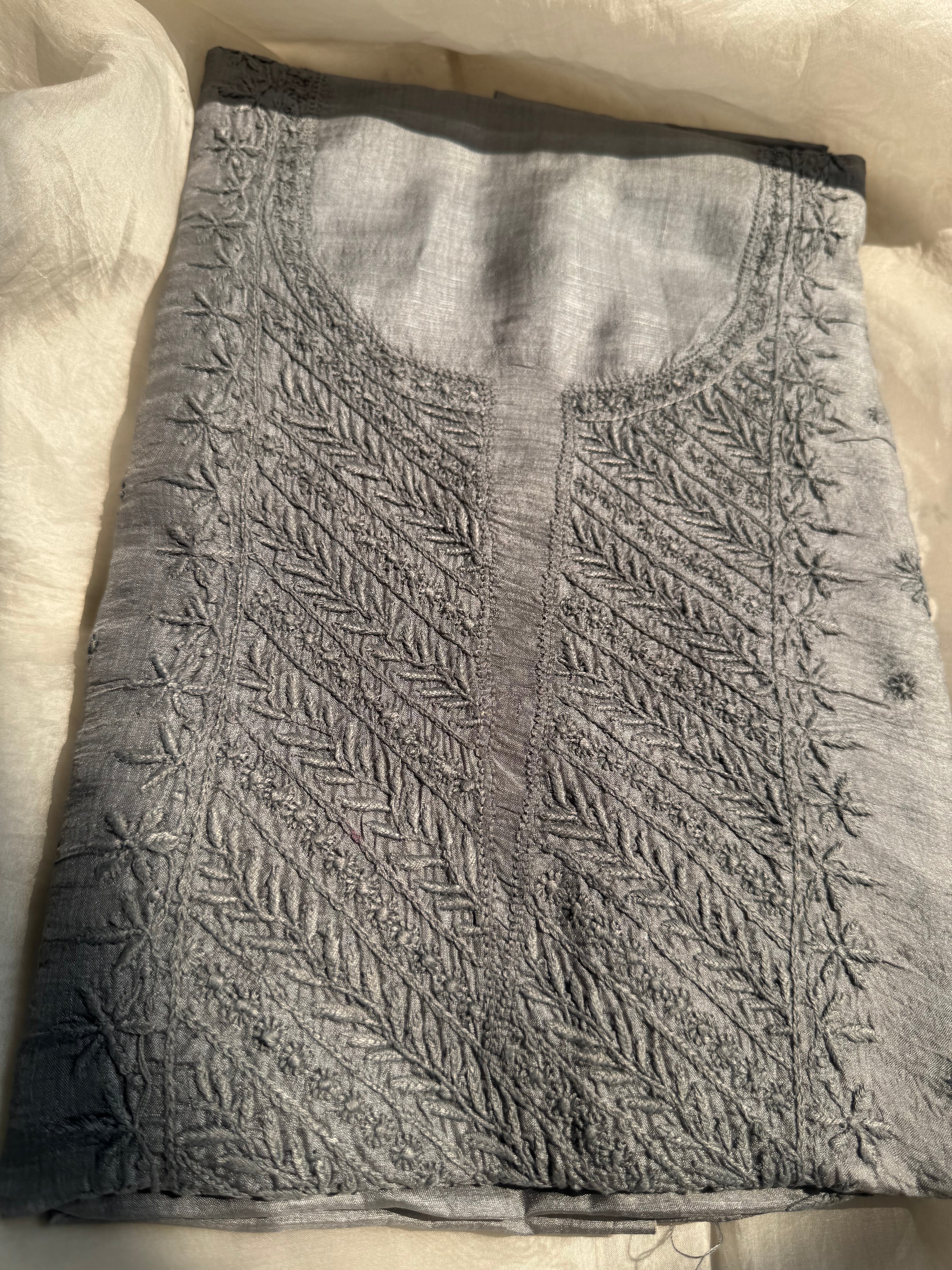Pure Tussar Silk Chikankari Length with Dupatta - Grey ARIAA CHIKANKARI