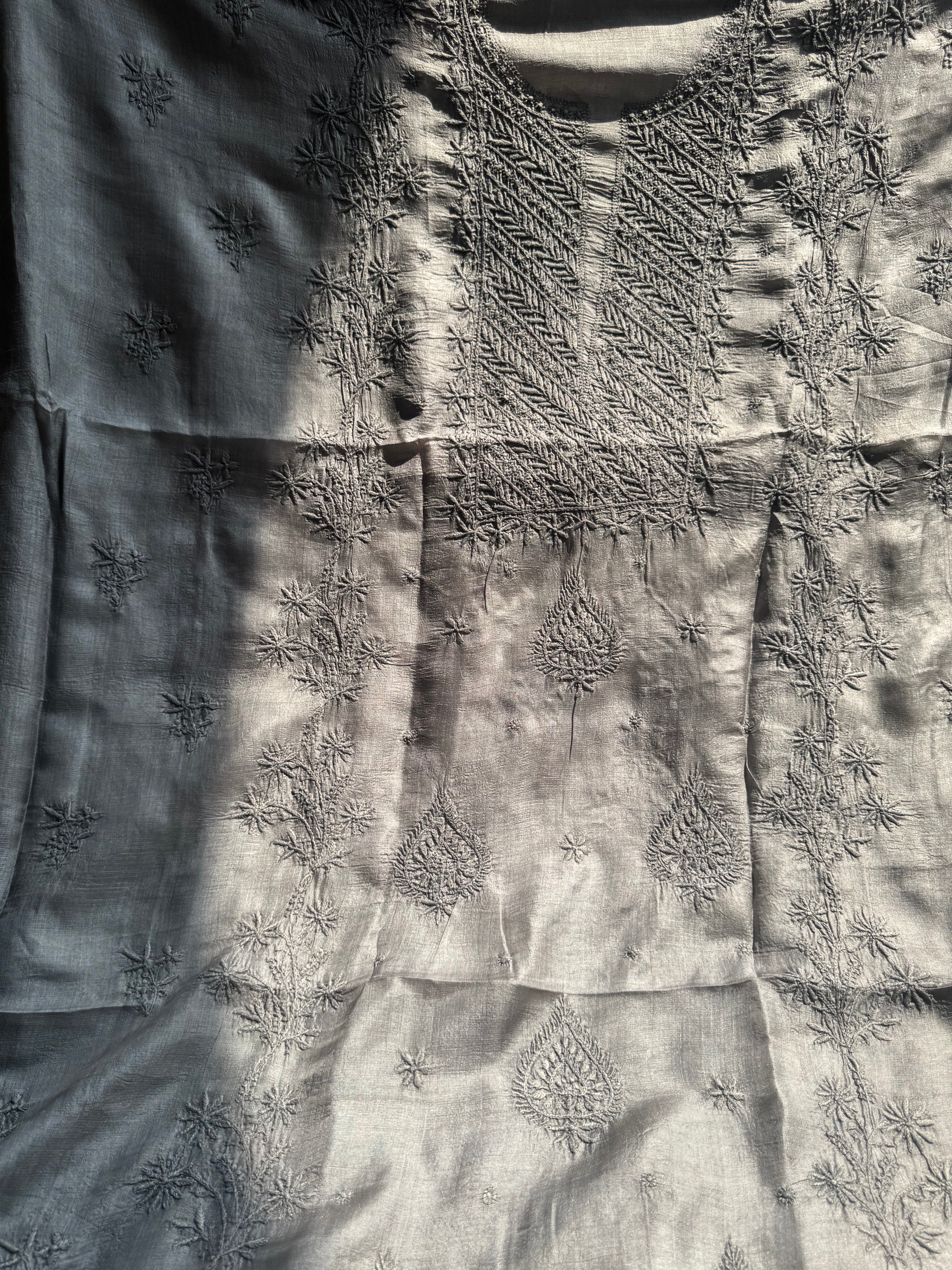 Pure Tussar Silk Chikankari Length with Dupatta - Grey ARIAA CHIKANKARI