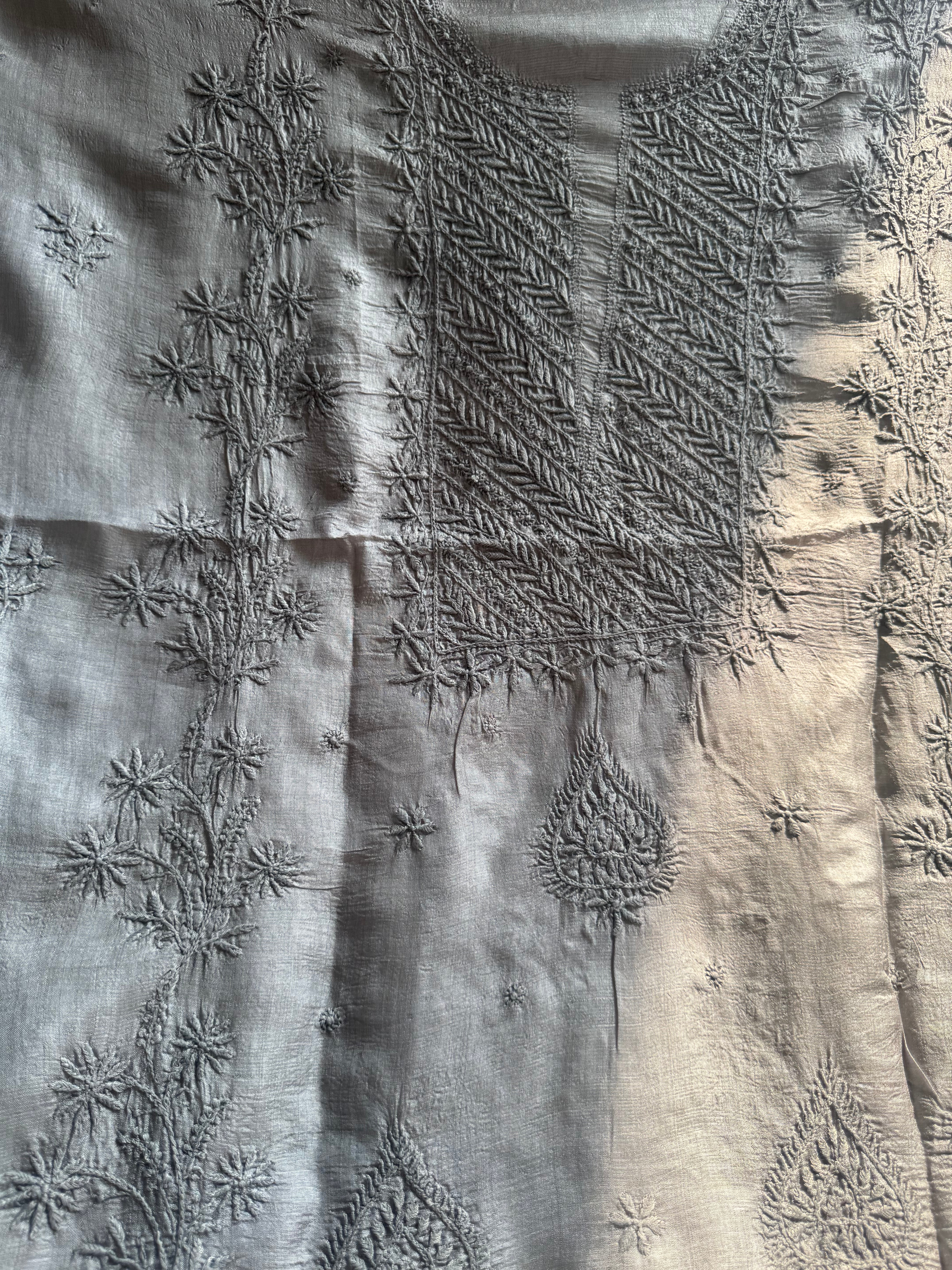 Pure Tussar Silk Chikankari Length with Dupatta - Grey ARIAA CHIKANKARI