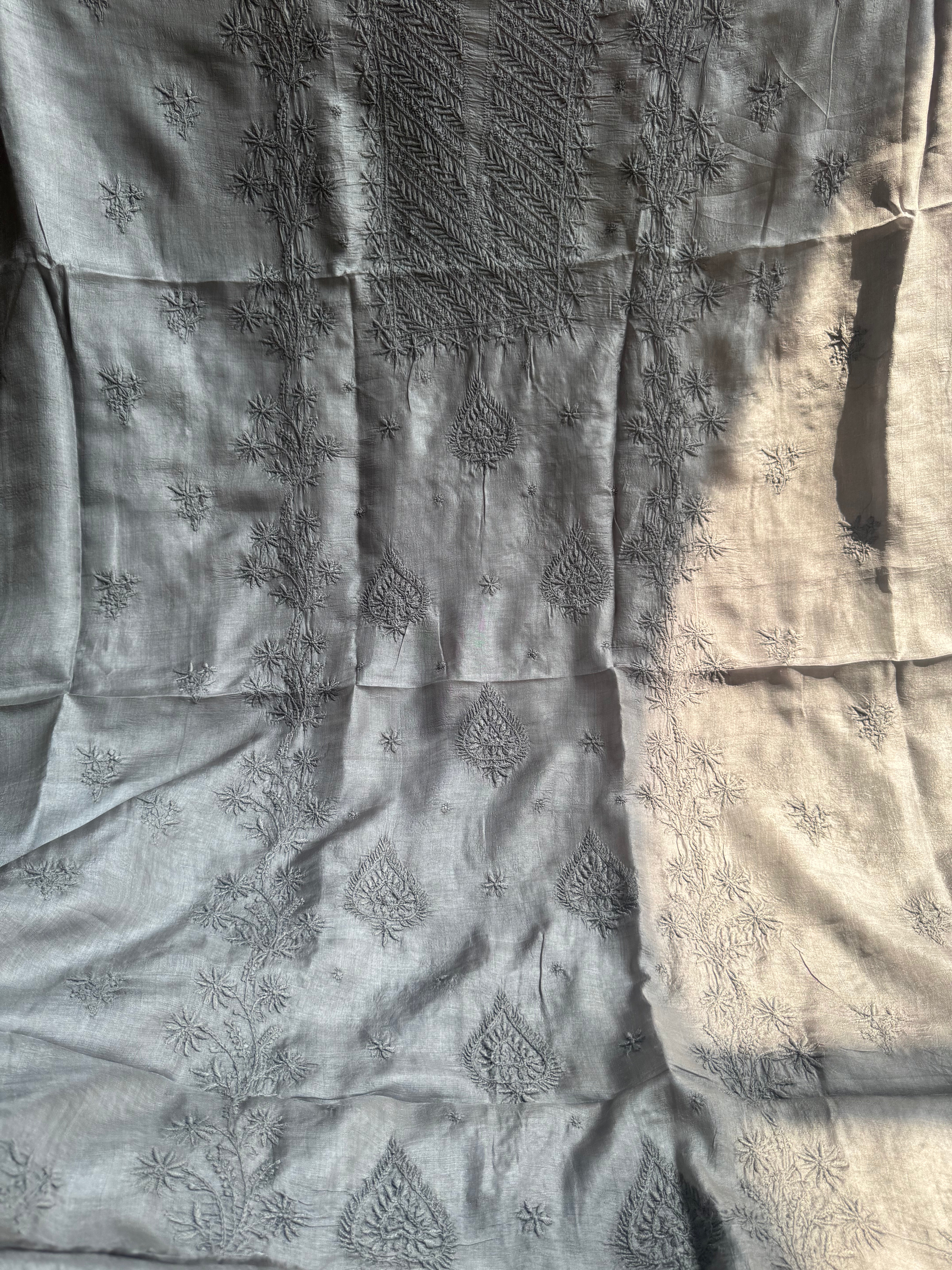 Pure Tussar Silk Chikankari Length with Dupatta - Grey ARIAA CHIKANKARI