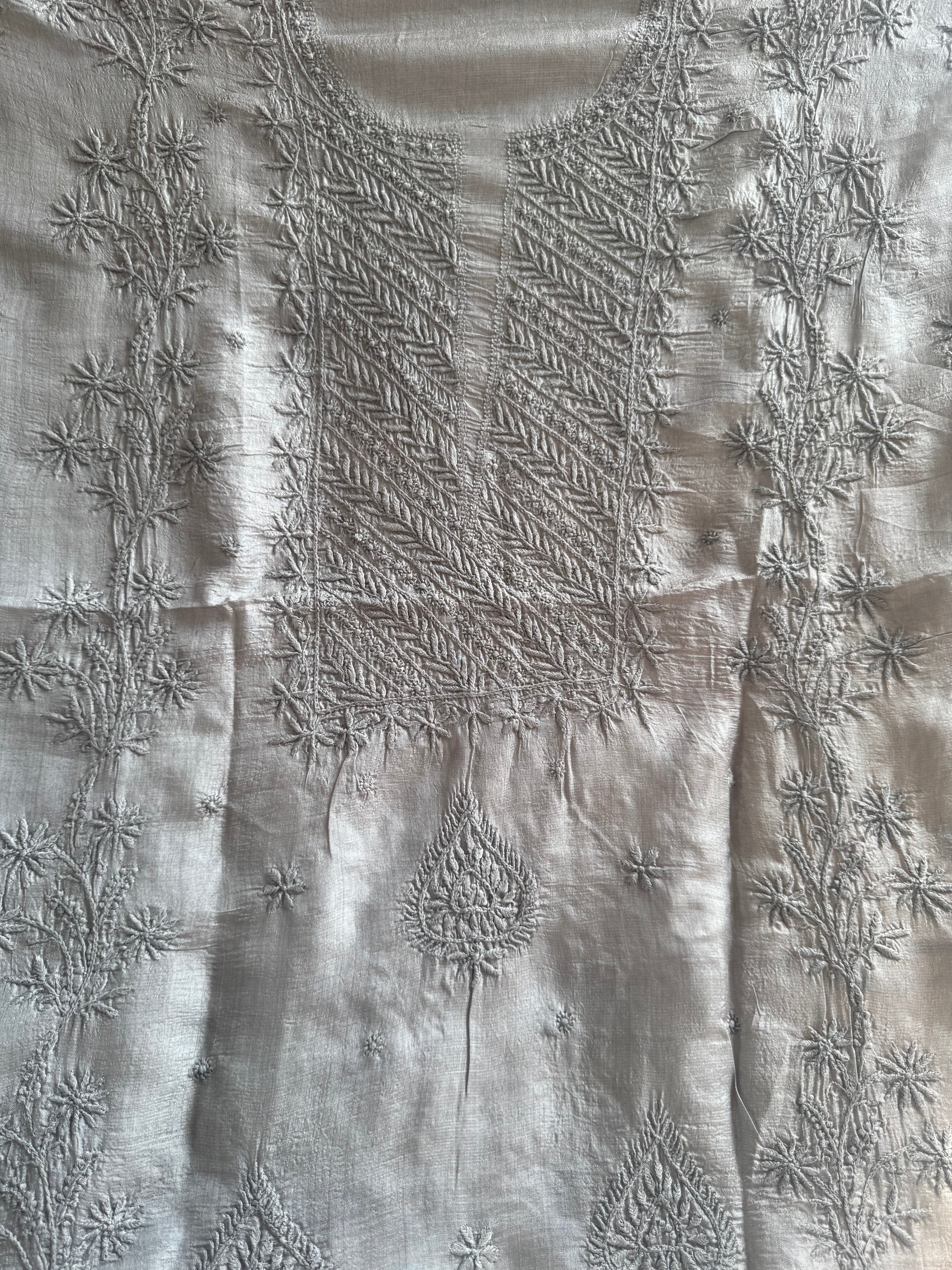 Pure Tussar Silk Chikankari Length with Dupatta - Grey ARIAA CHIKANKARI