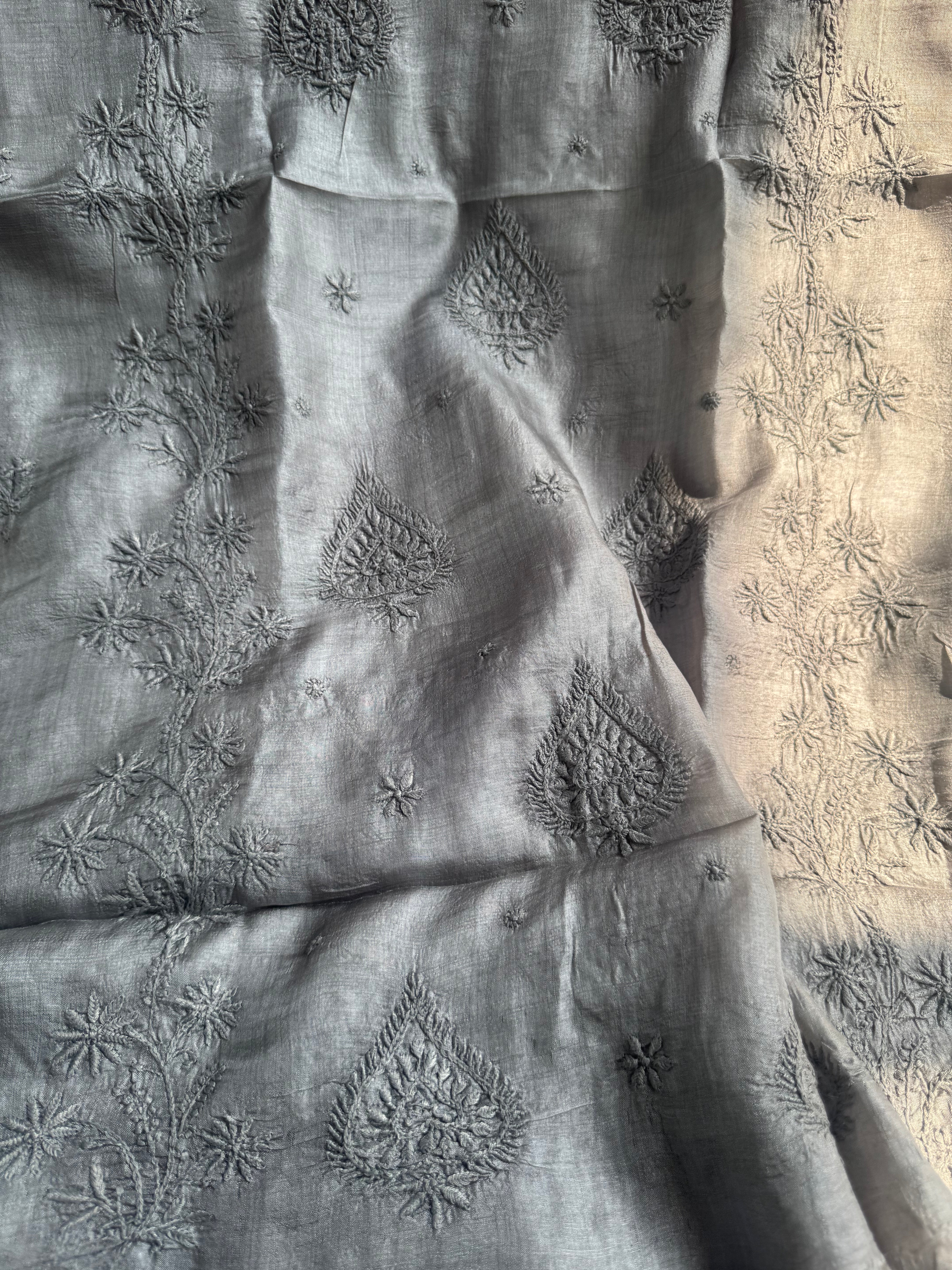 Pure Tussar Silk Chikankari Length with Dupatta - Grey ARIAA CHIKANKARI