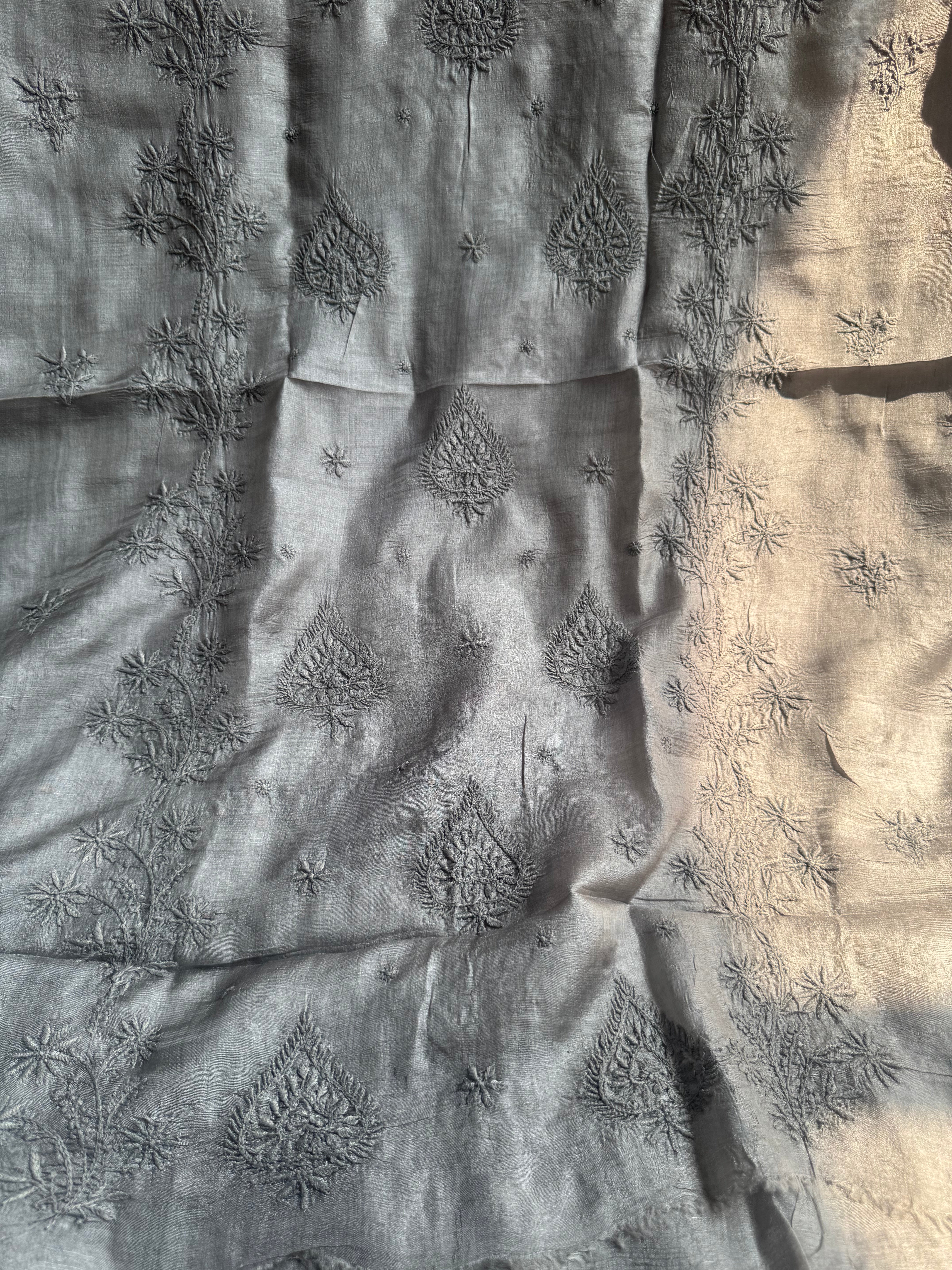 Pure Tussar Silk Chikankari Length with Dupatta - Grey ARIAA CHIKANKARI