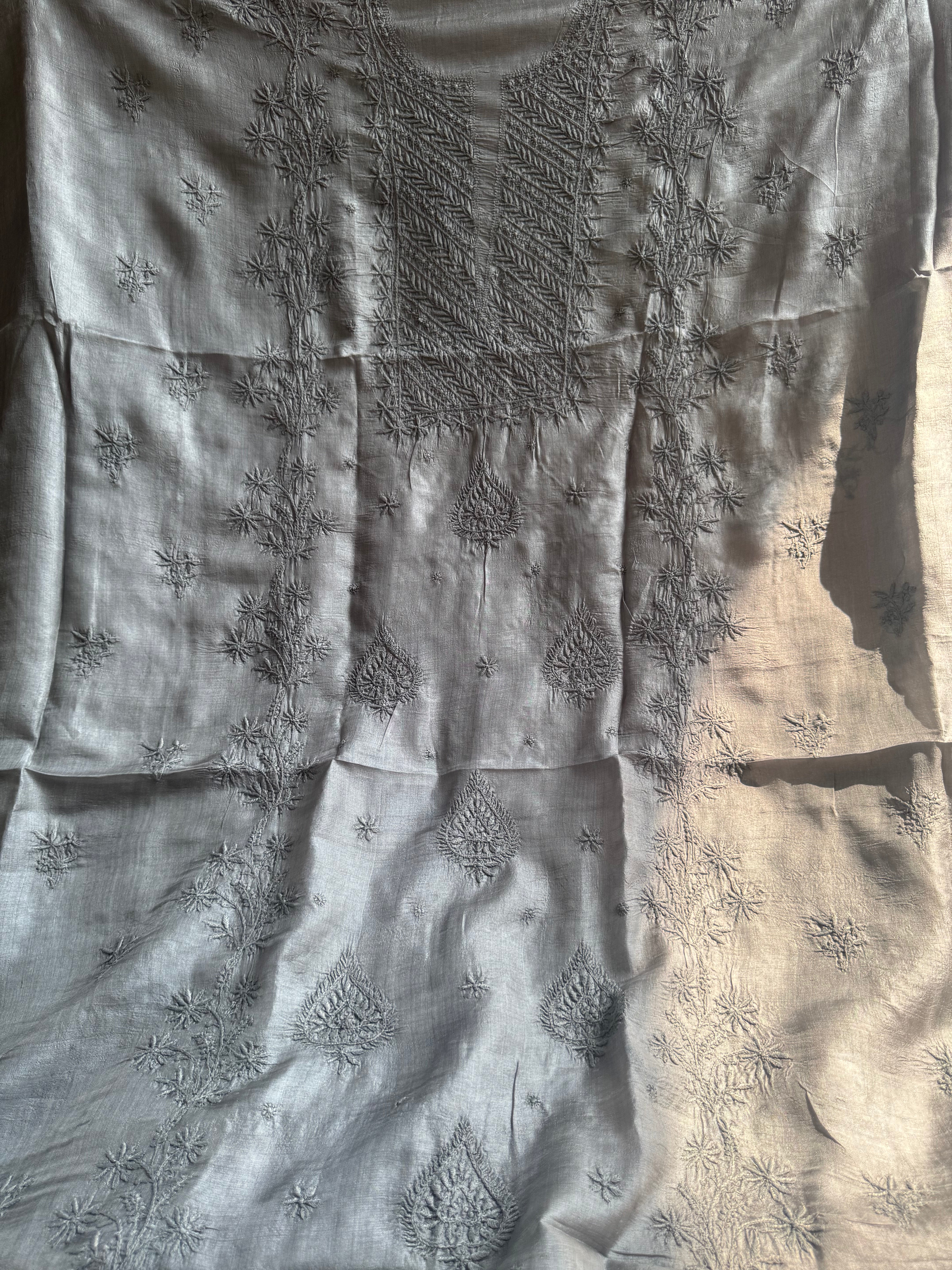 Pure Tussar Silk Chikankari Length with Dupatta - Grey ARIAA CHIKANKARI