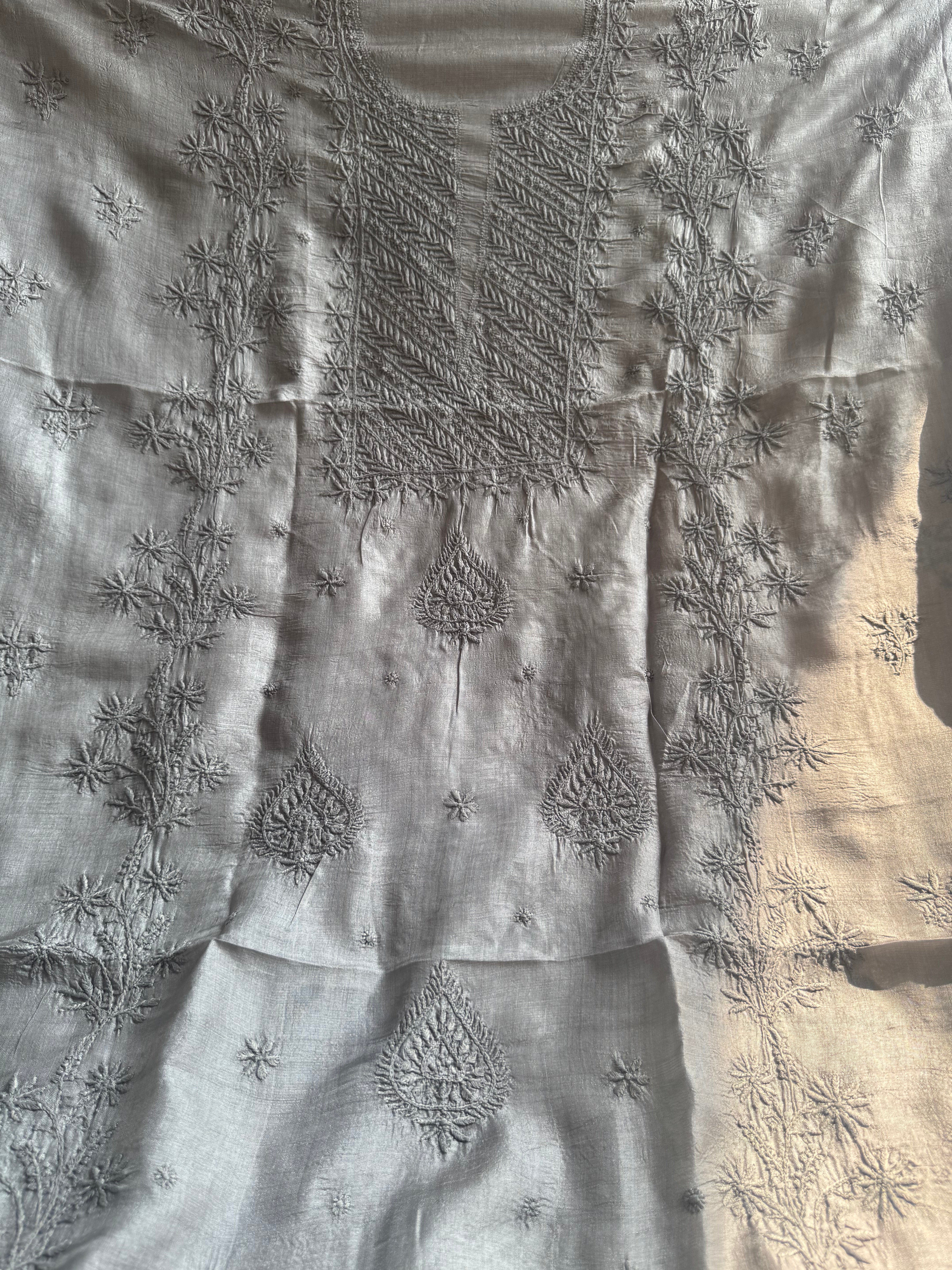 Pure Tussar Silk Chikankari Length with Dupatta - Grey ARIAA CHIKANKARI