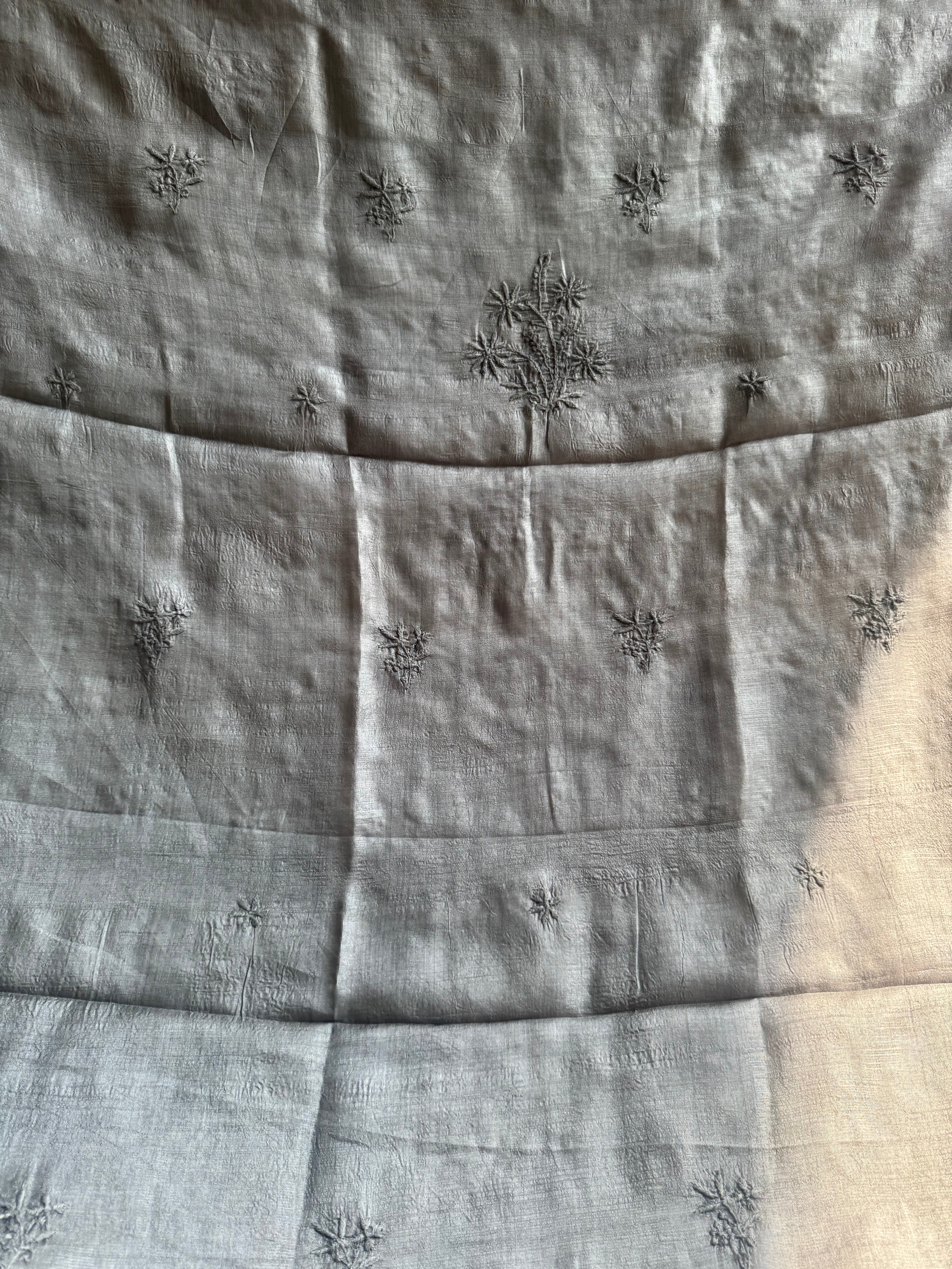 Pure Tussar Silk Chikankari Length with Dupatta - Grey ARIAA CHIKANKARI