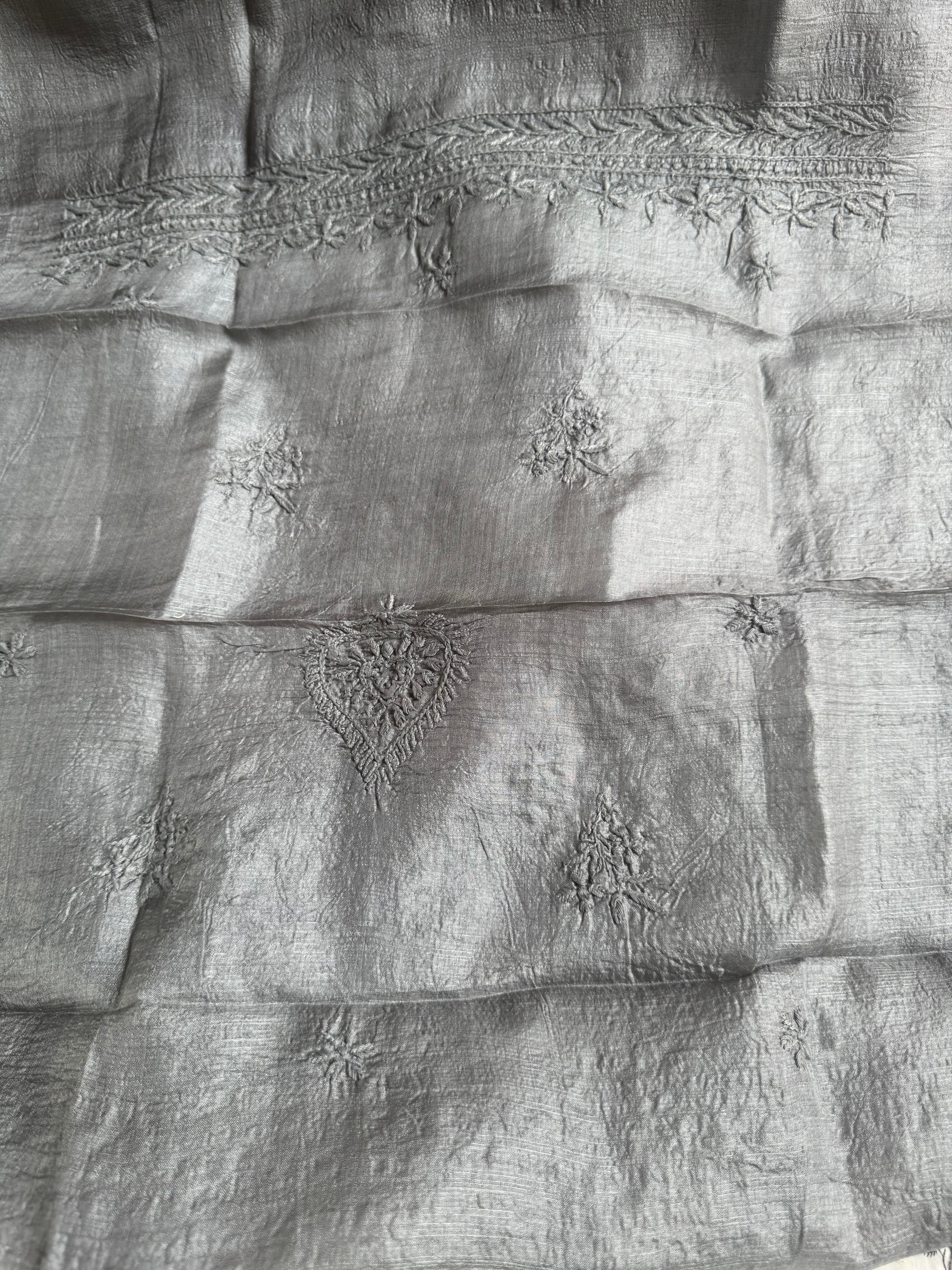 Pure Tussar Silk Chikankari Length with Dupatta - Grey ARIAA CHIKANKARI