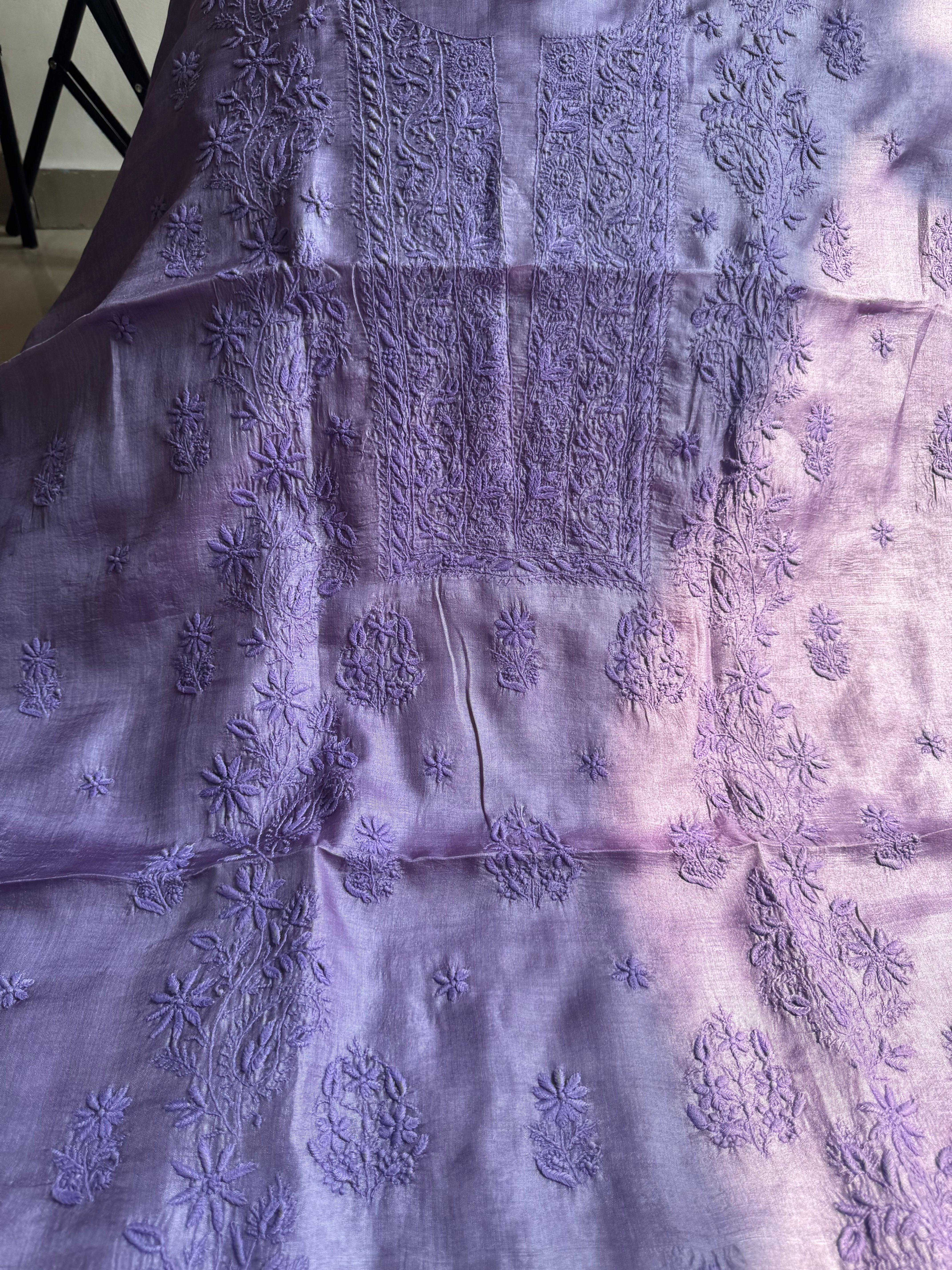 Pure Tussar Silk Chikankari Length with Dupatta - Purple ARIAA CHIKANKARI