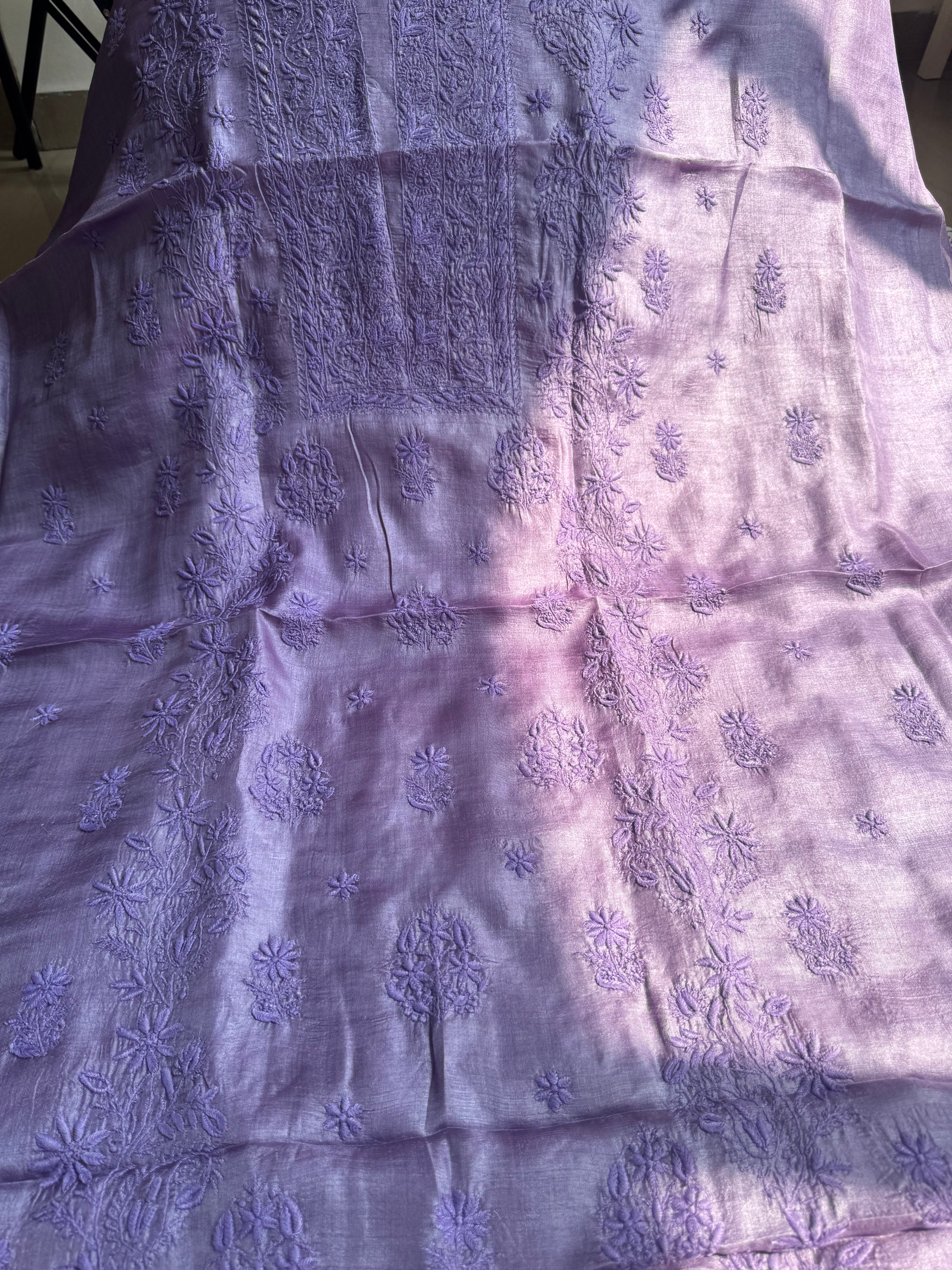 Pure Tussar Silk Chikankari Length with Dupatta - Purple ARIAA CHIKANKARI