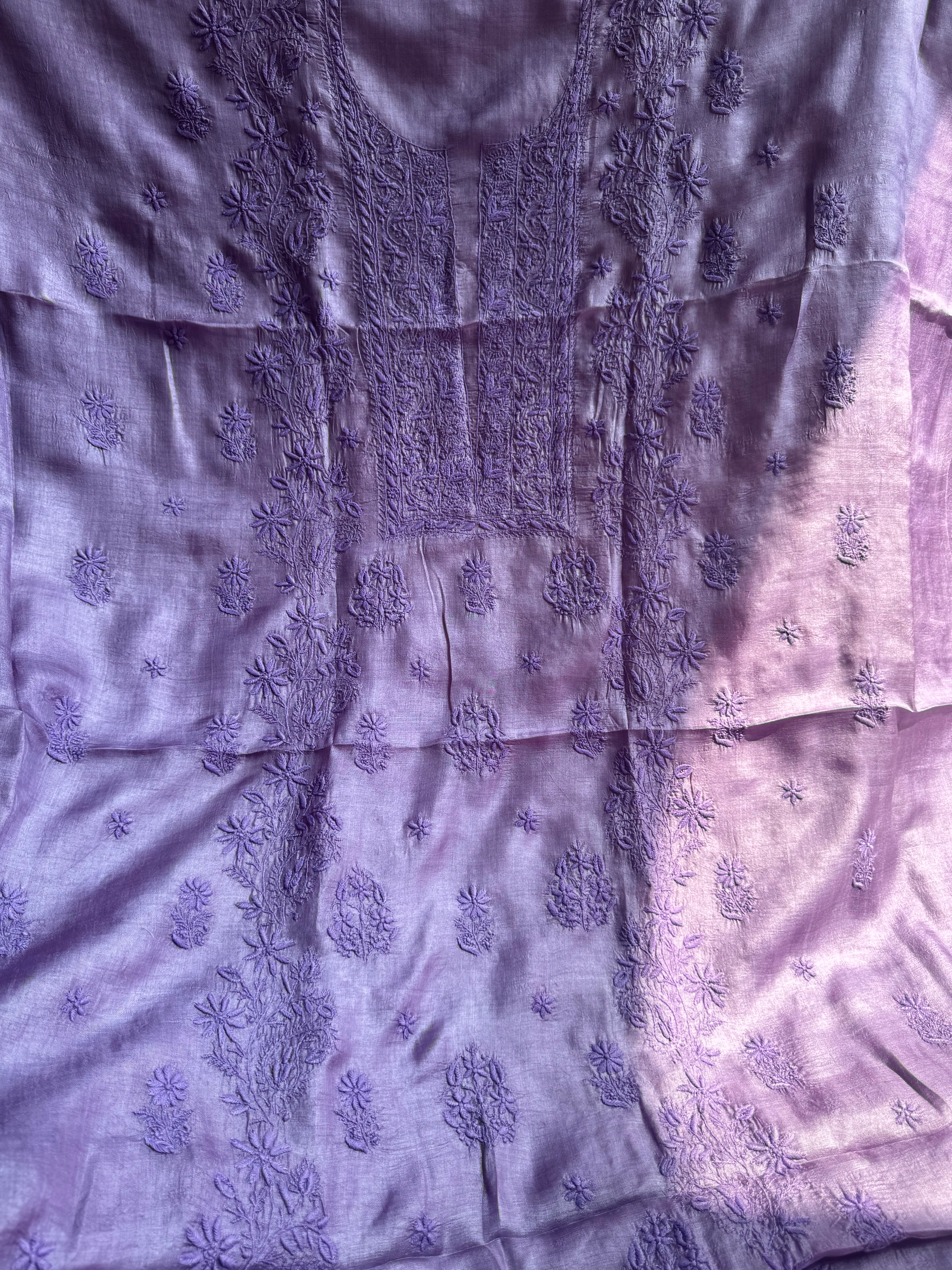 Pure Tussar Silk Chikankari Length with Dupatta - Purple ARIAA CHIKANKARI