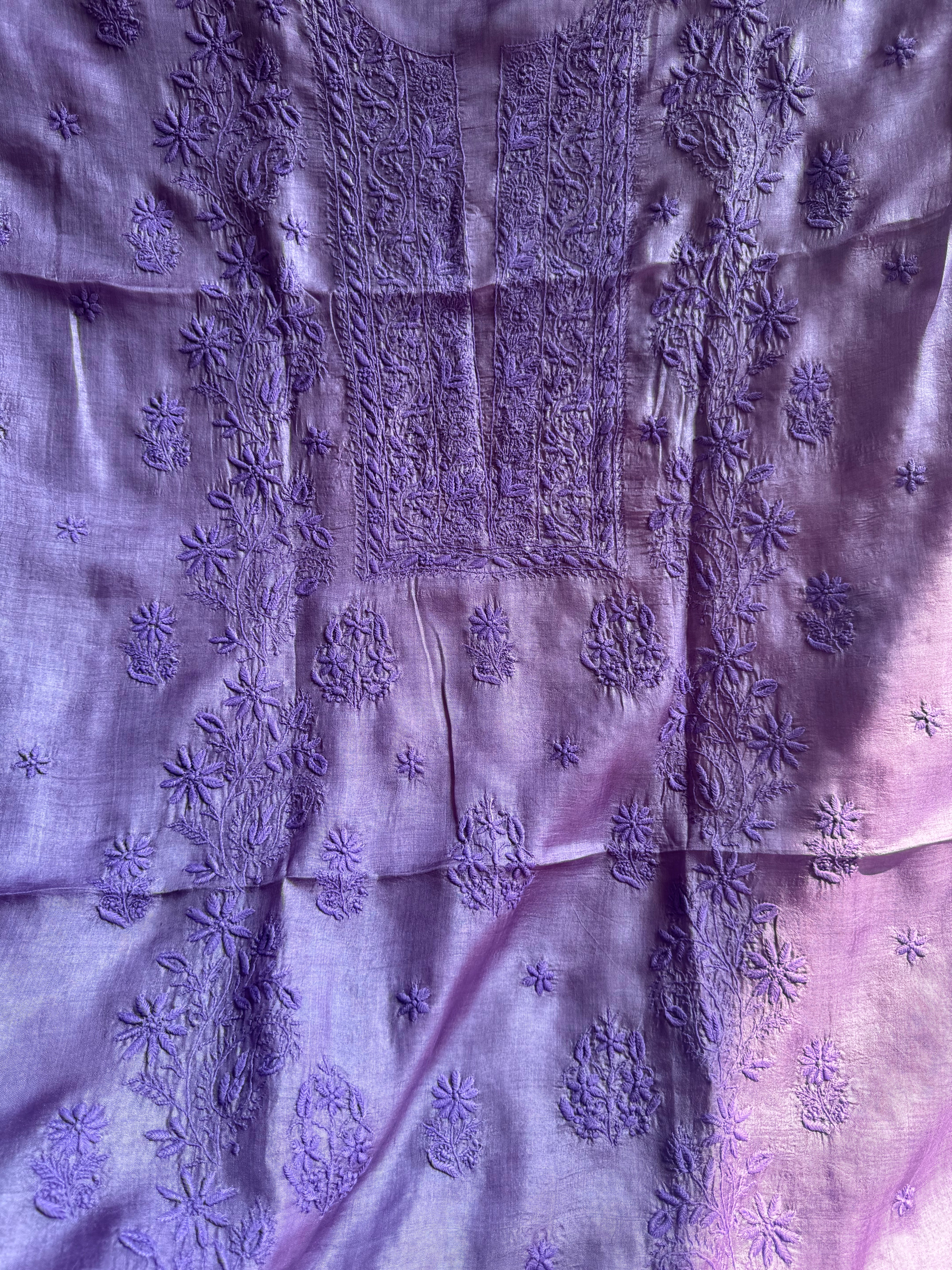 Pure Tussar Silk Chikankari Length with Dupatta - Purple ARIAA CHIKANKARI