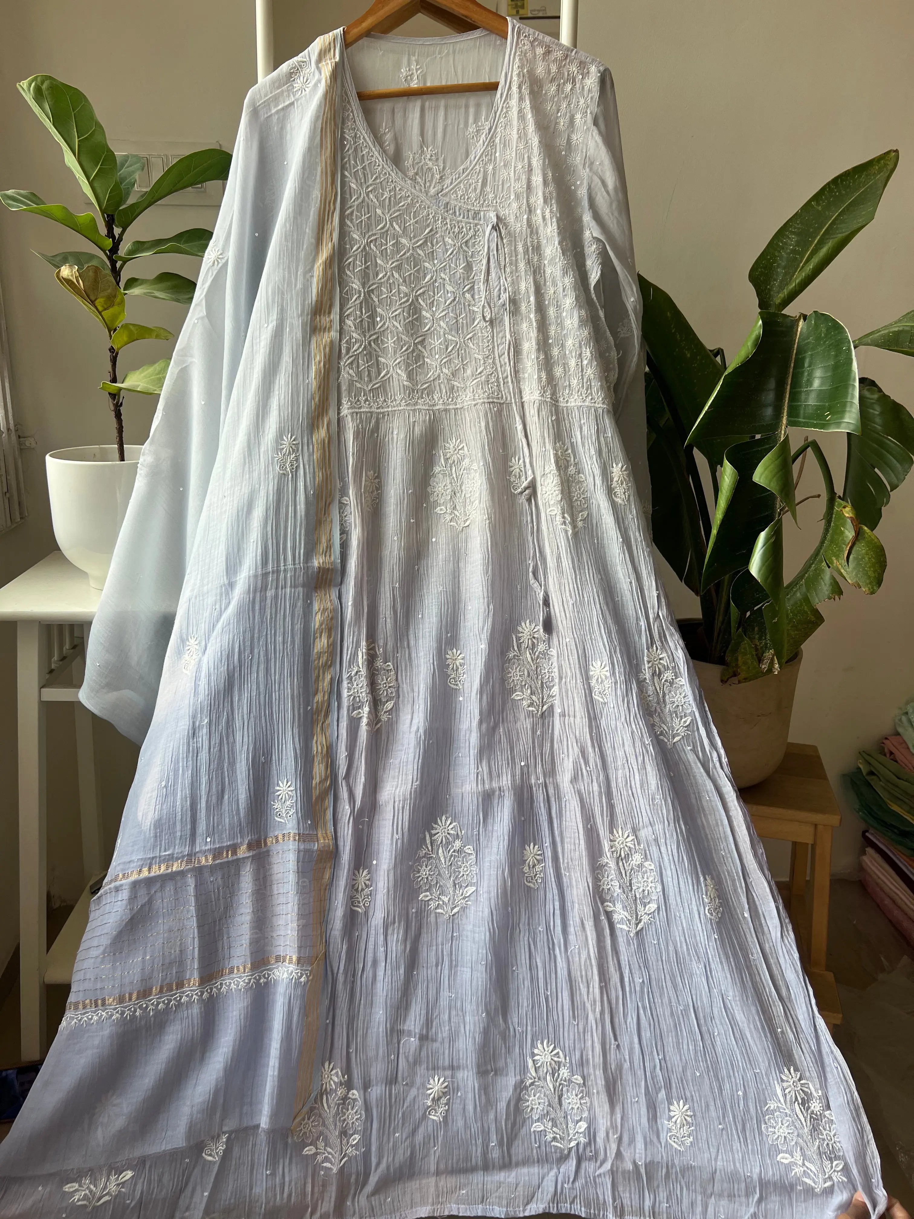 Mul Chanderi Chikankari Anarkali - Grey ARIAA CHIKANKARI
