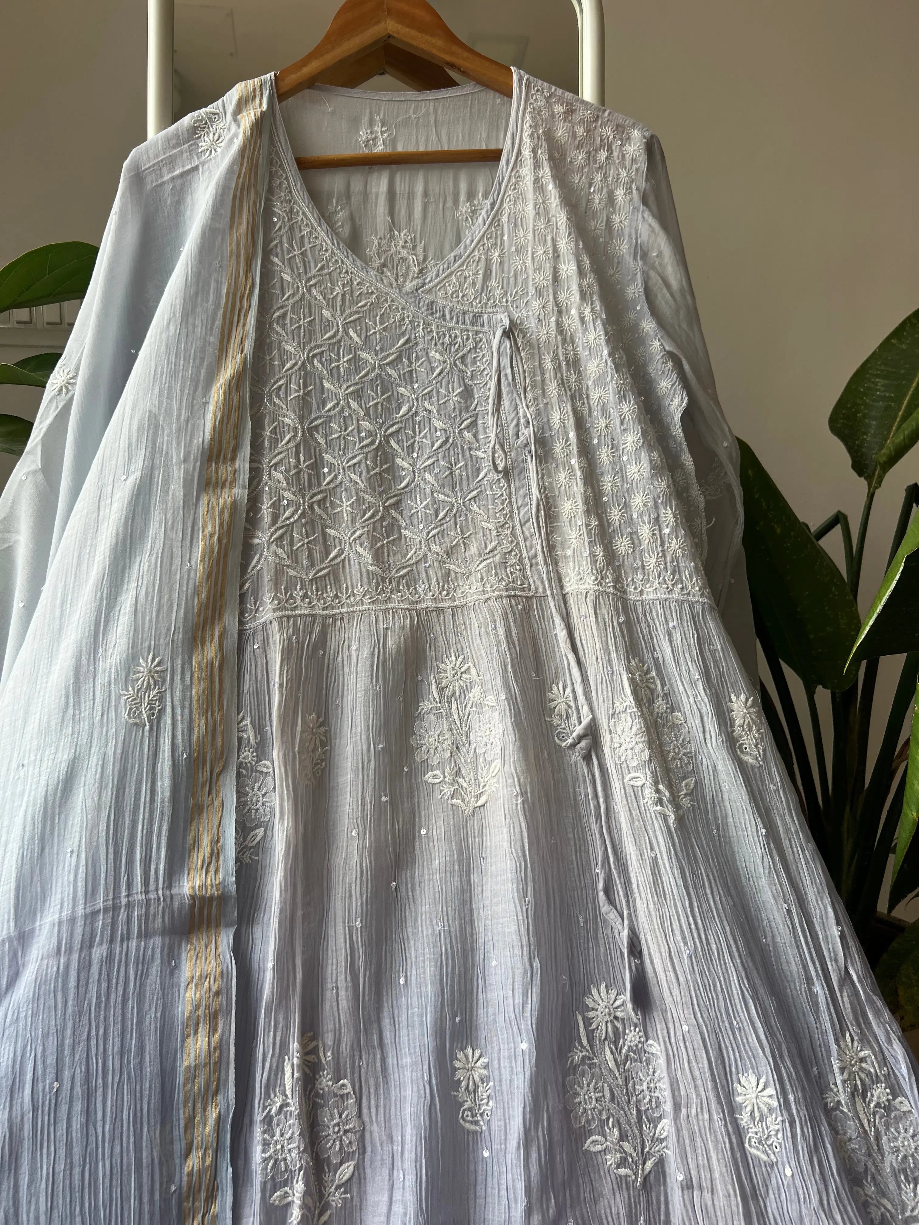 Mul Chanderi Chikankari Anarkali - Grey ARIAA CHIKANKARI