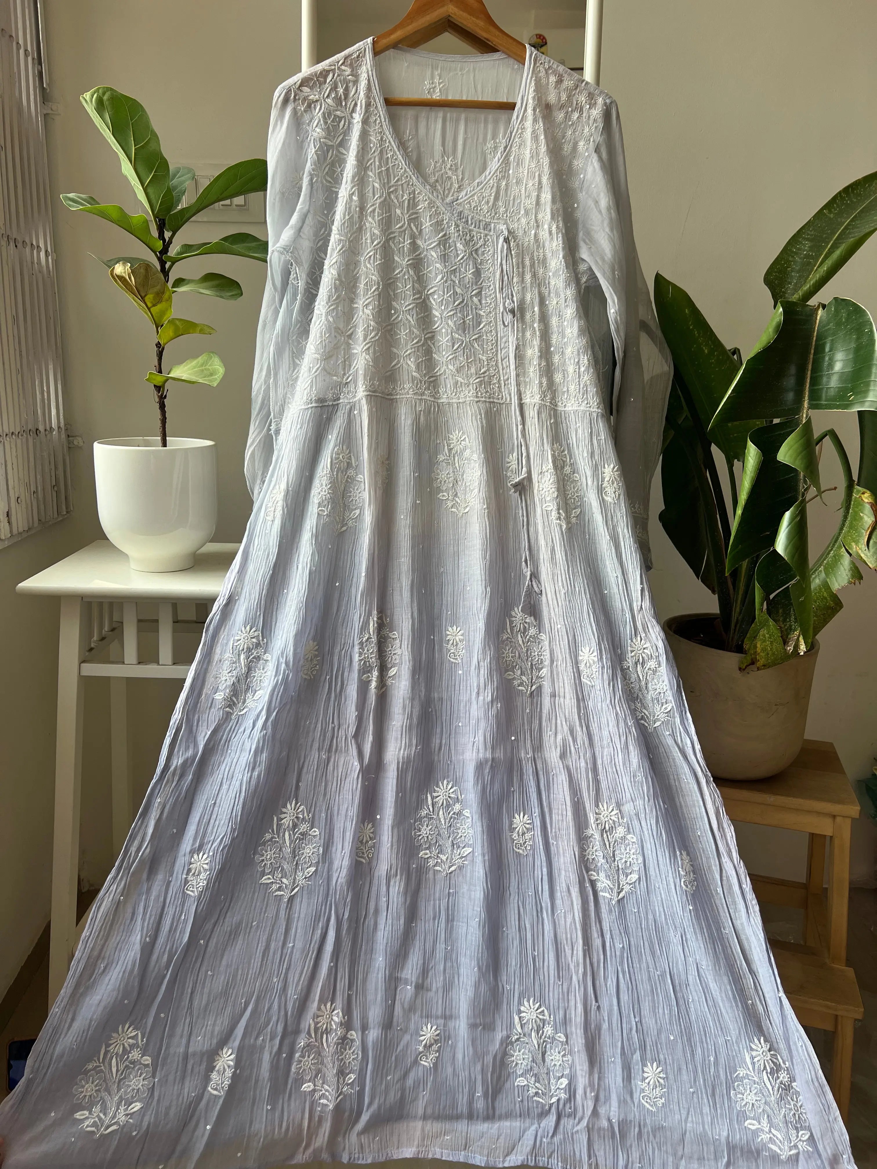 Mul Chanderi Chikankari Anarkali - Grey ARIAA CHIKANKARI