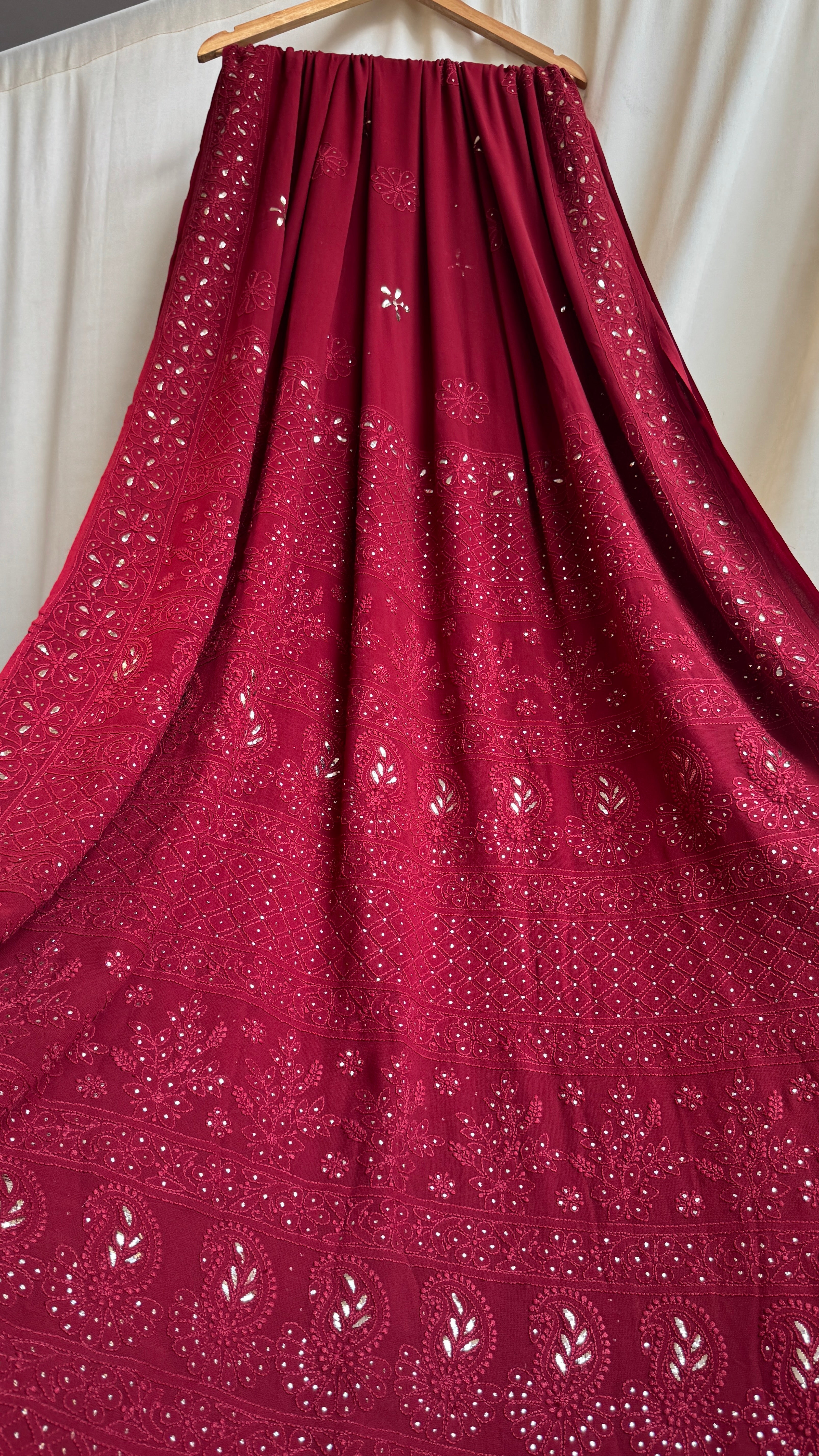 Viscose Maroon Chikankari saree with Mukaish Work