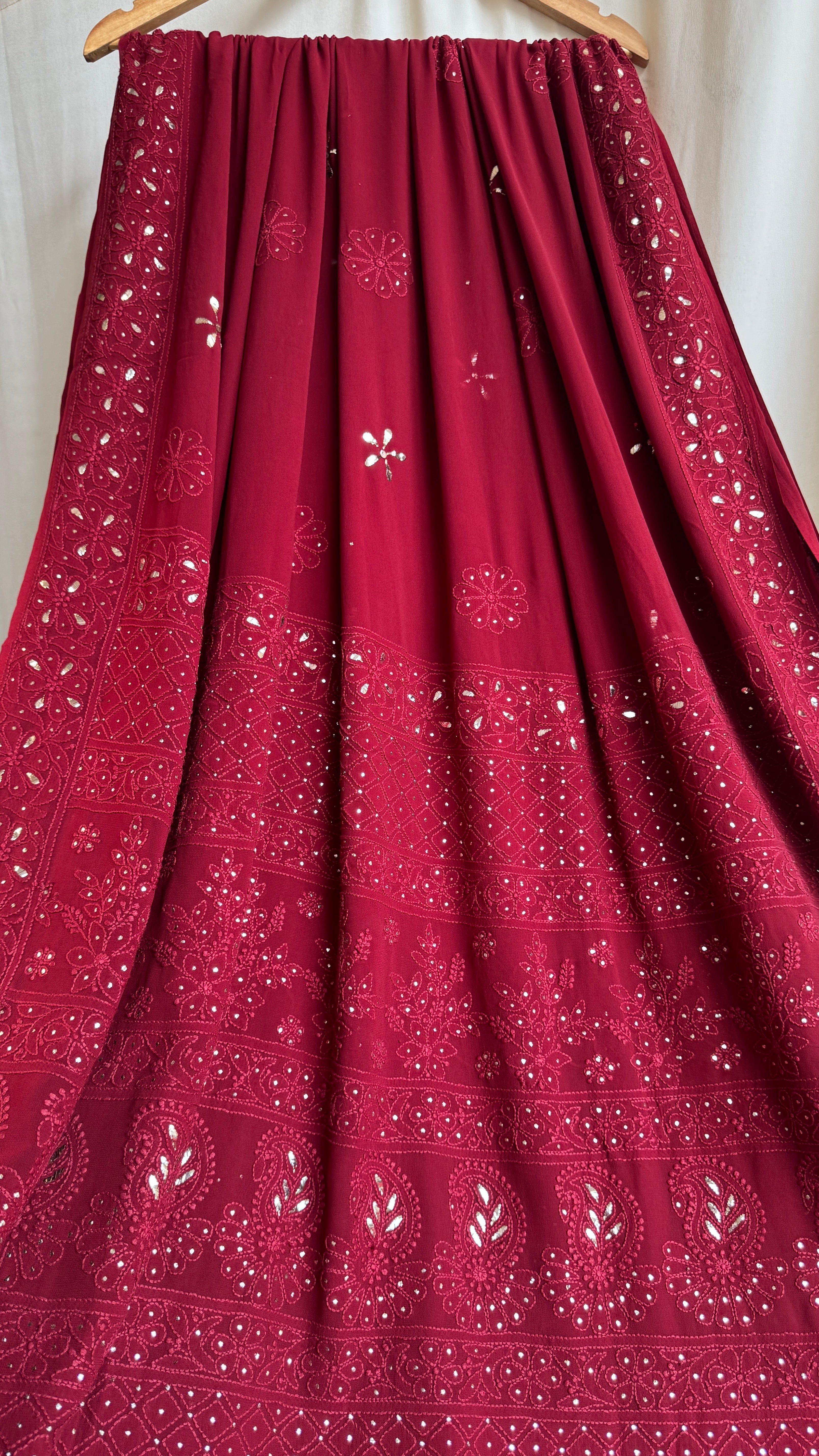 Viscose Maroon Chikankari saree with Mukaish Work