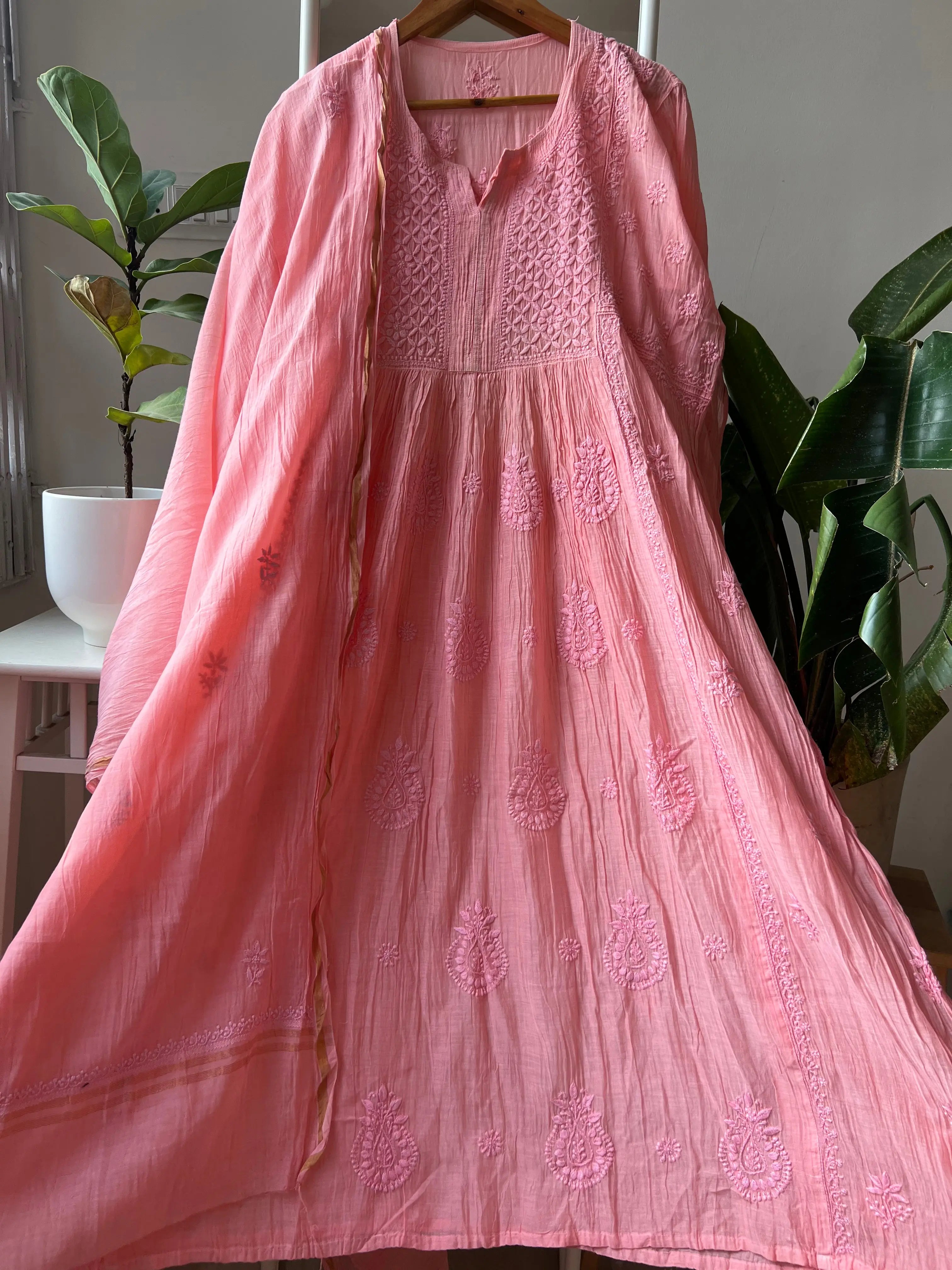 Mul Chanderi Chikankari Anarkali - Pink ARIAA CHIKANKARI