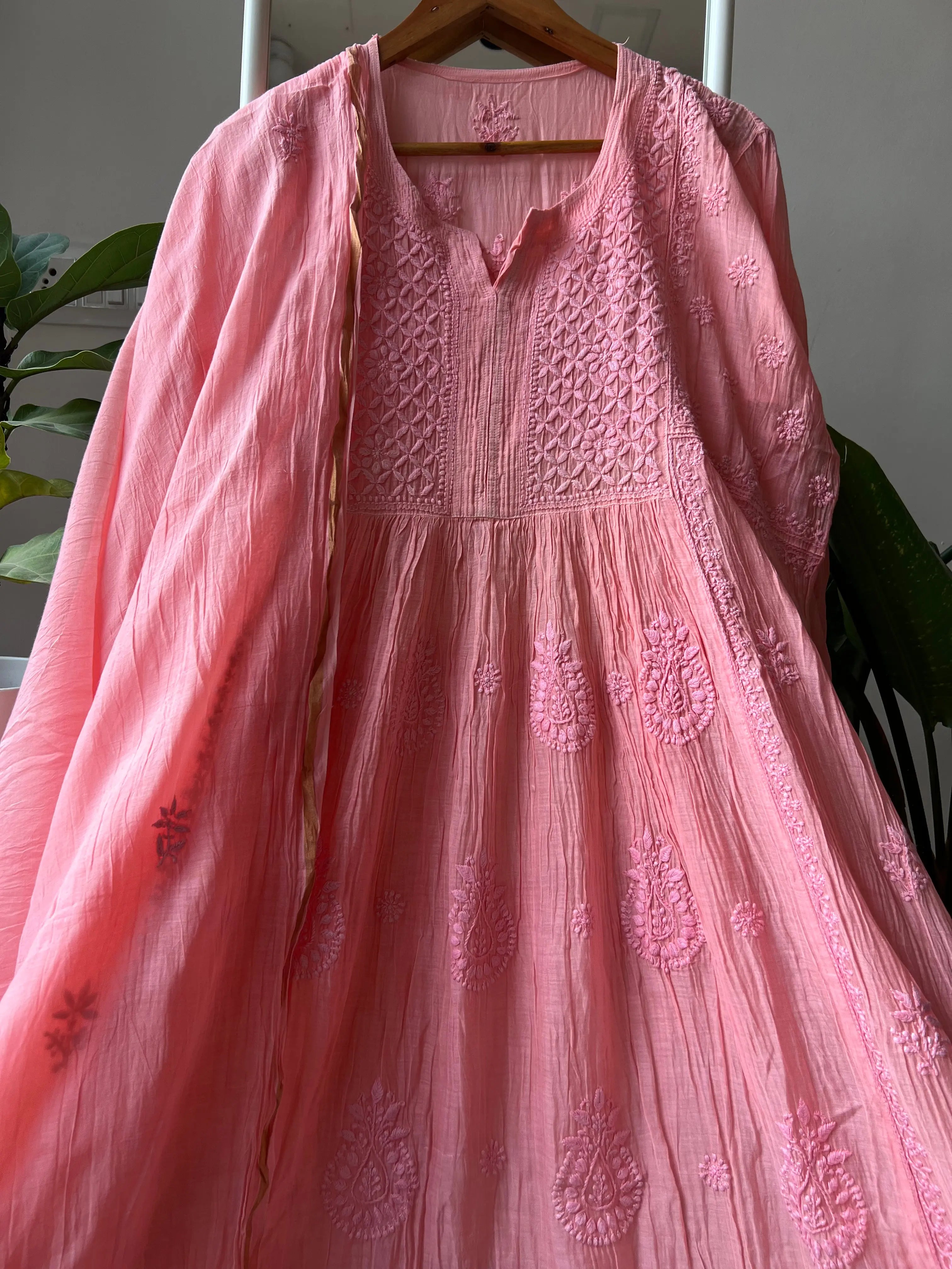 Mul Chanderi Chikankari Anarkali - Pink ARIAA CHIKANKARI