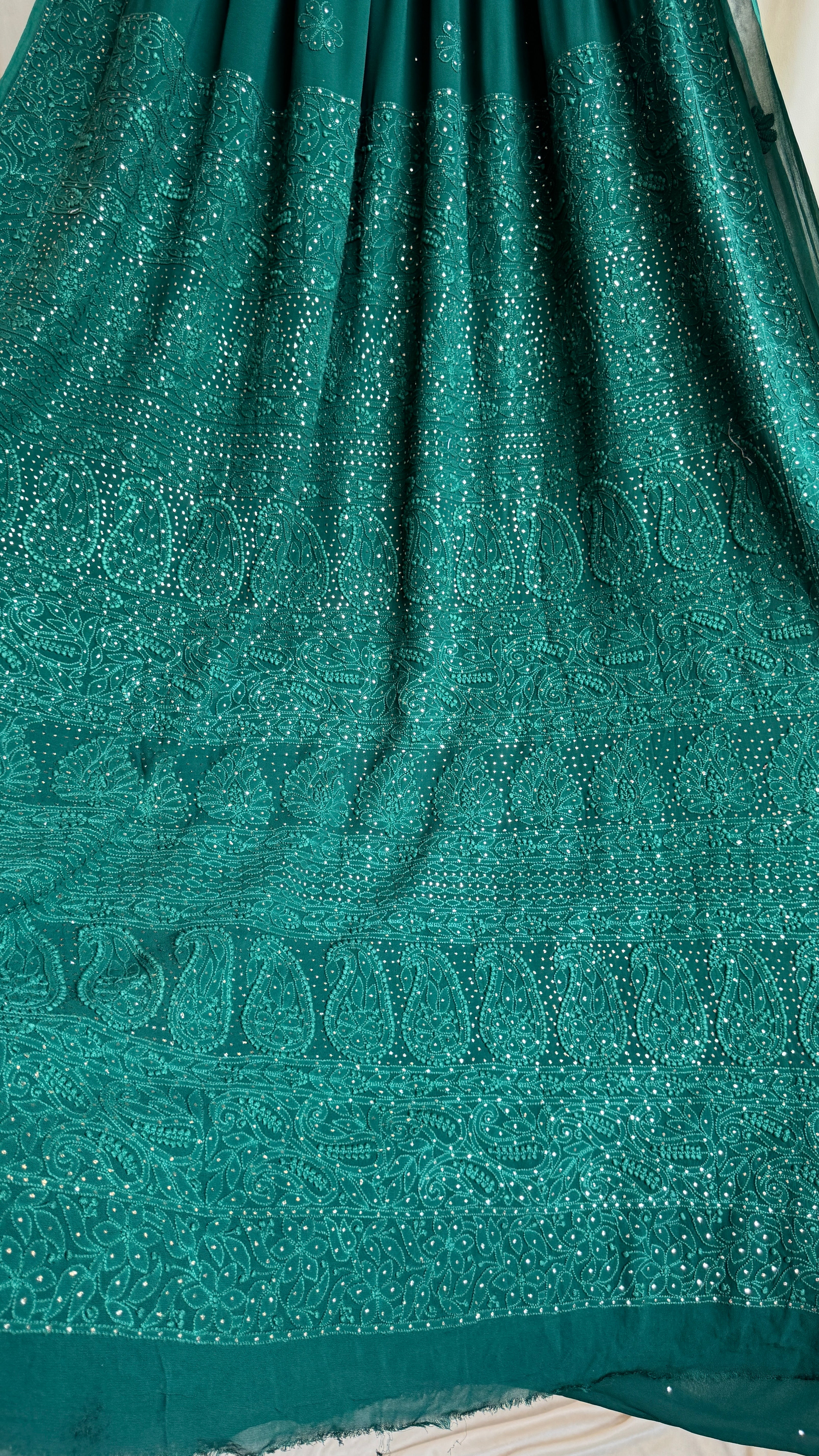 Viscose Green Chikankari saree with Mukaish Work