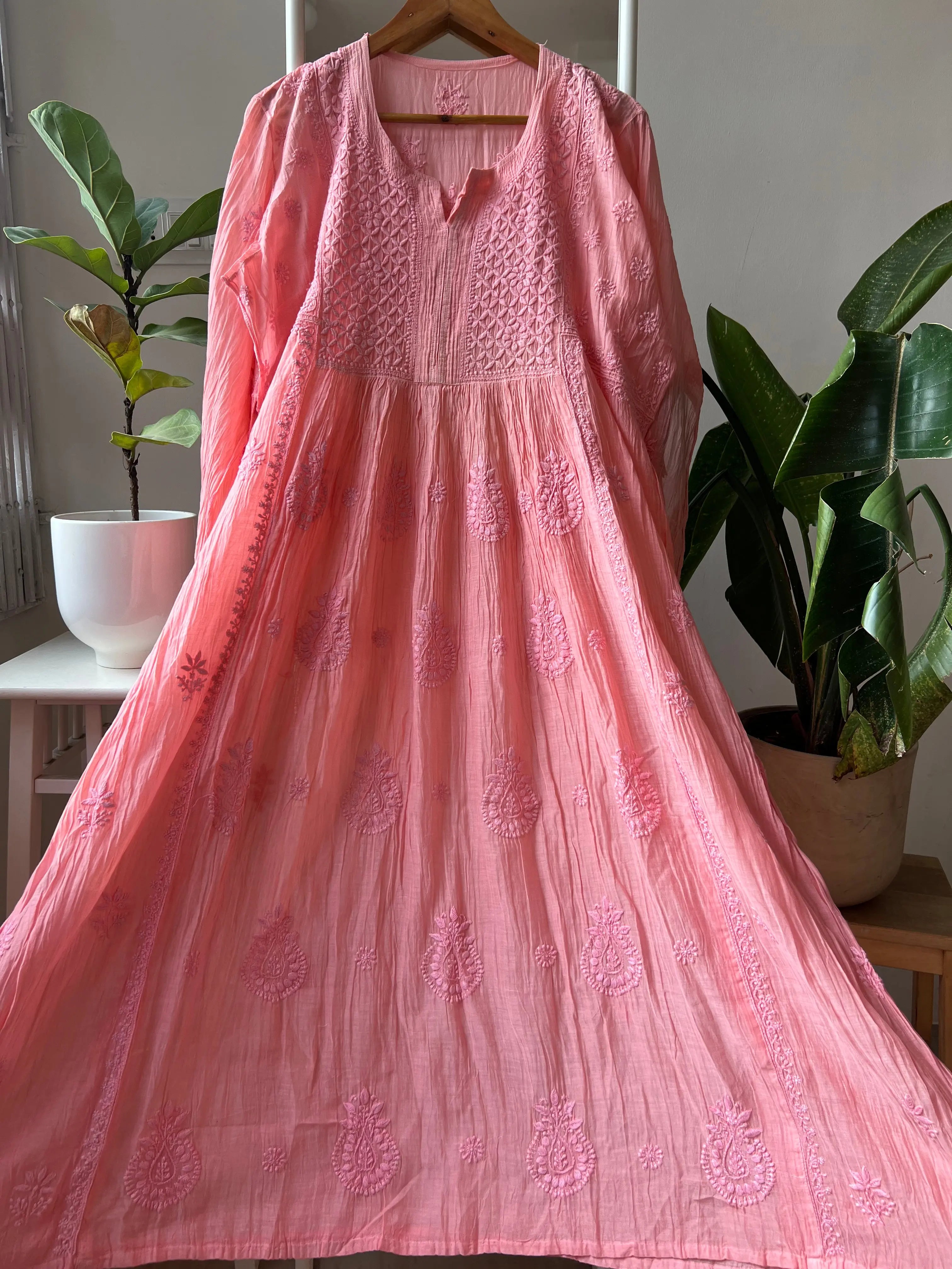 Mul Chanderi Chikankari Anarkali - Pink ARIAA CHIKANKARI