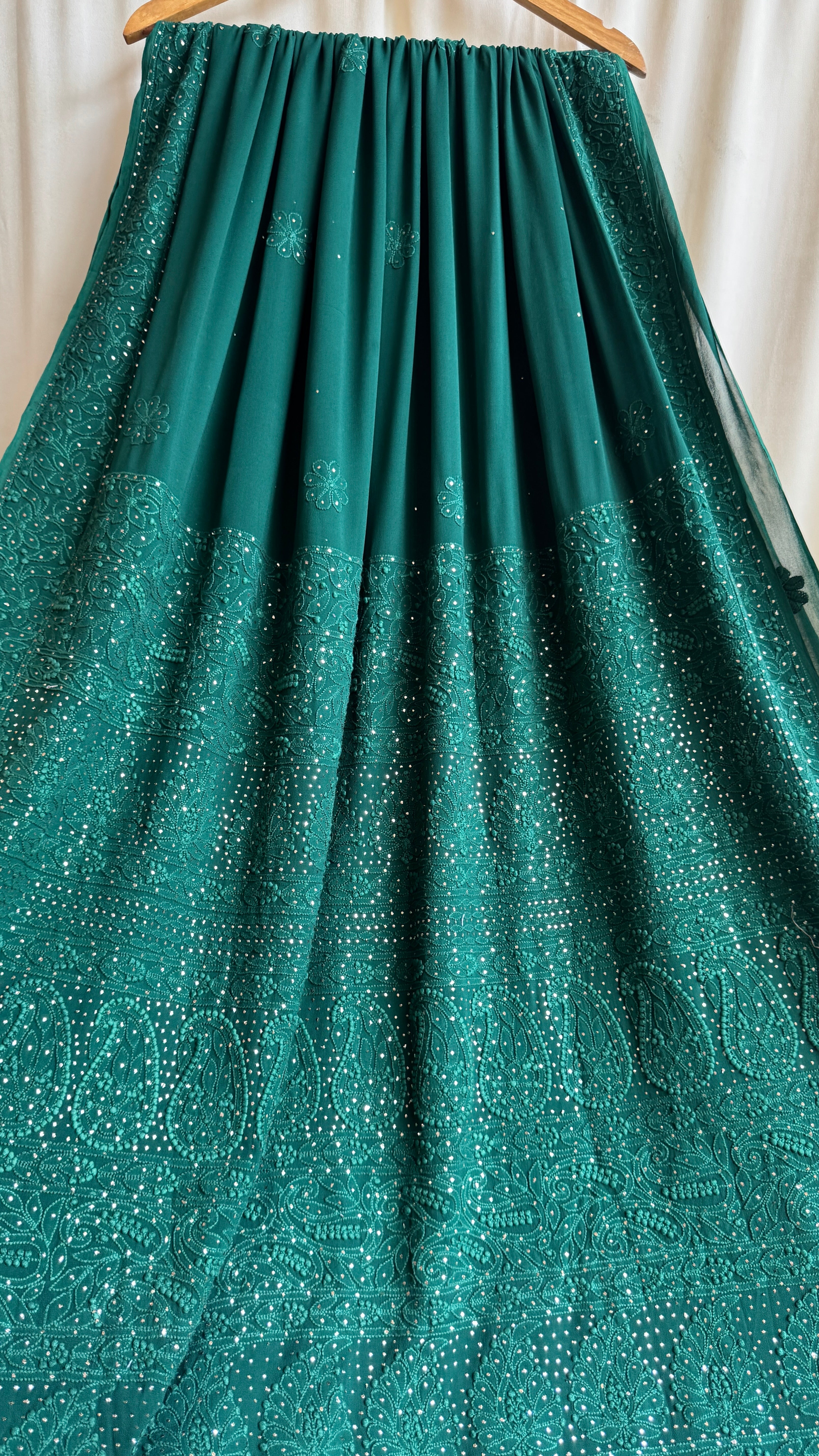 Viscose Green Chikankari saree with Mukaish Work
