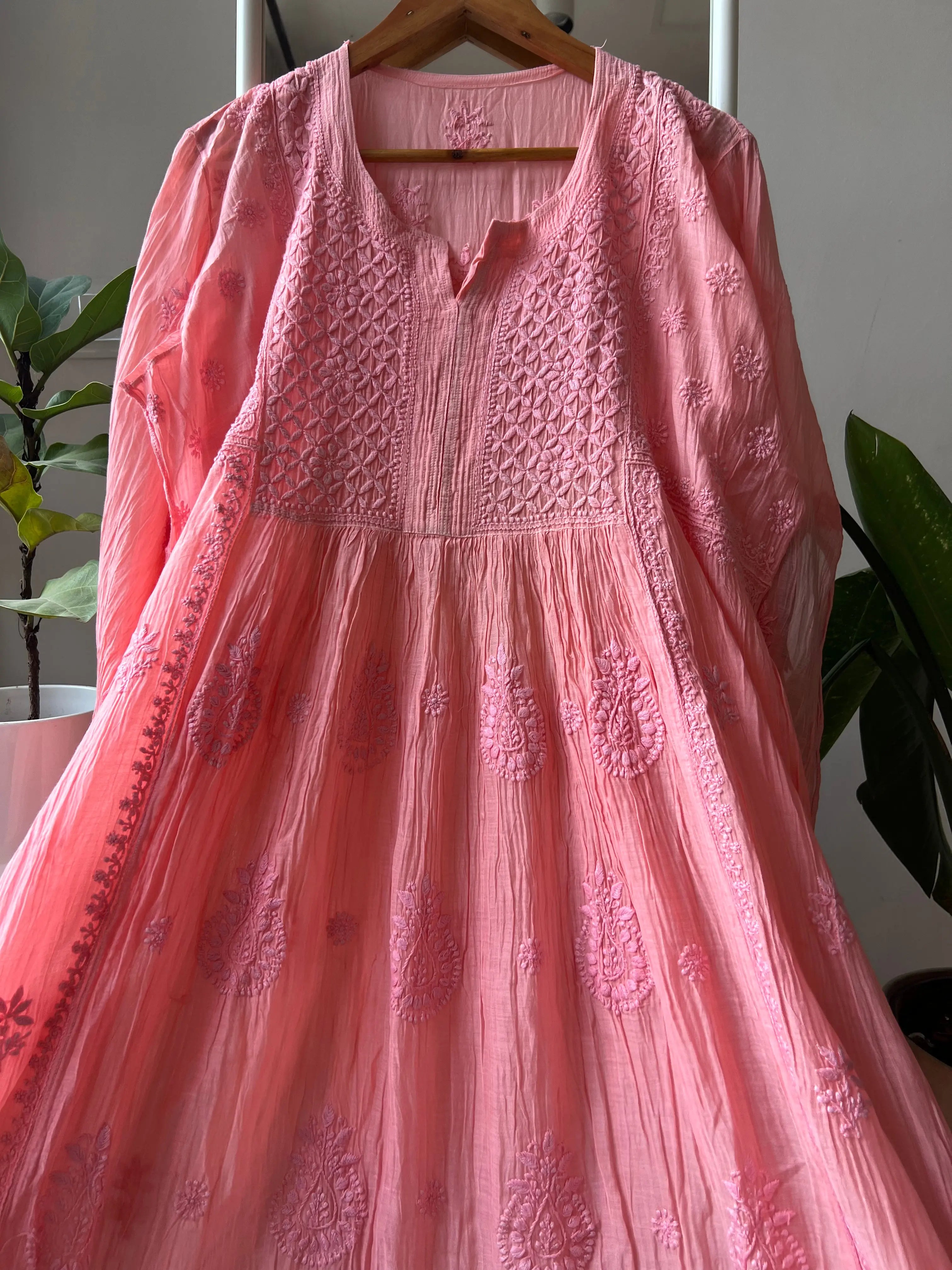 Mul Chanderi Chikankari Anarkali - Pink ARIAA CHIKANKARI
