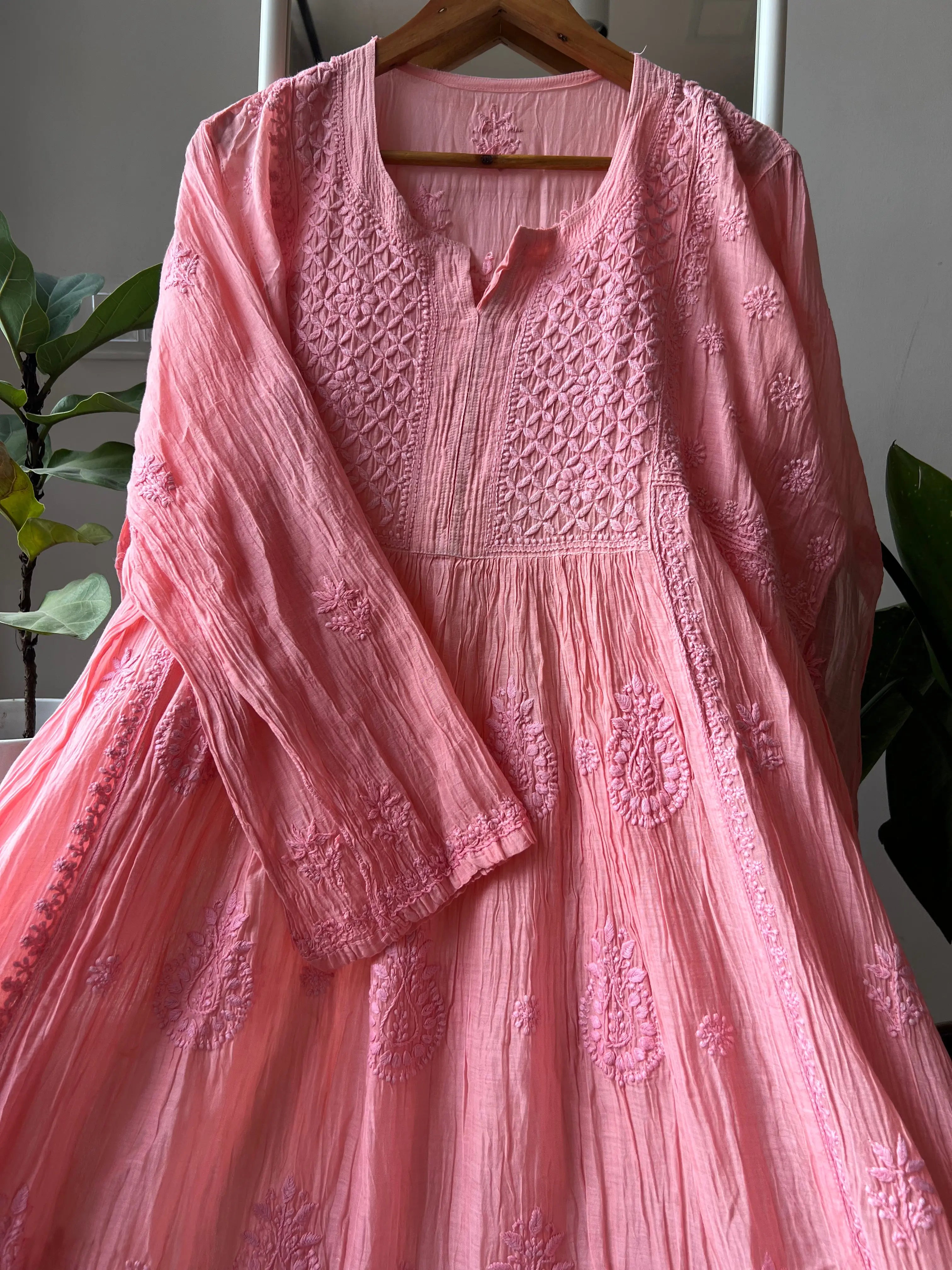 Mul Chanderi Chikankari Anarkali - Pink ARIAA CHIKANKARI