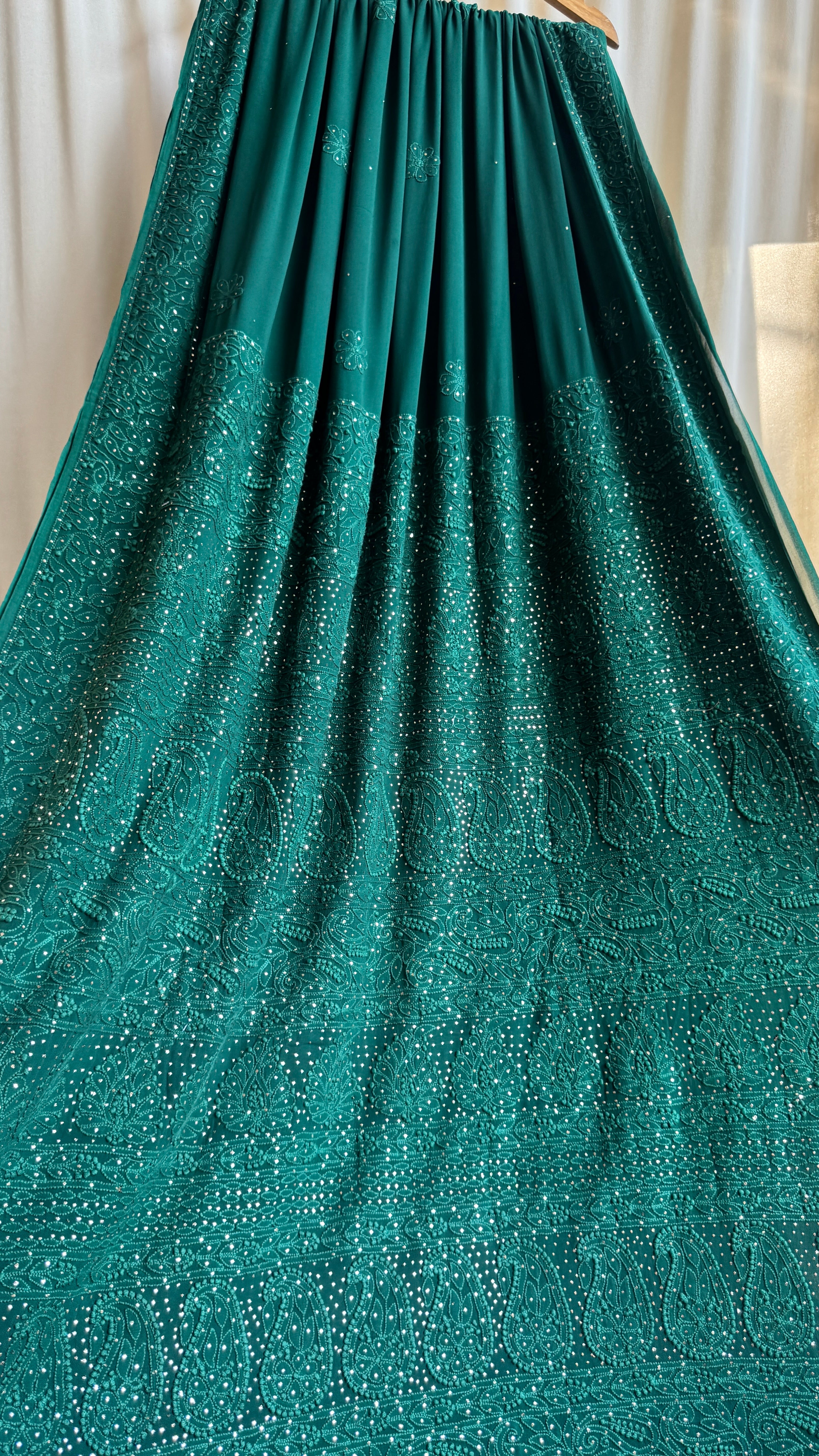 Viscose Green Chikankari saree with Mukaish Work