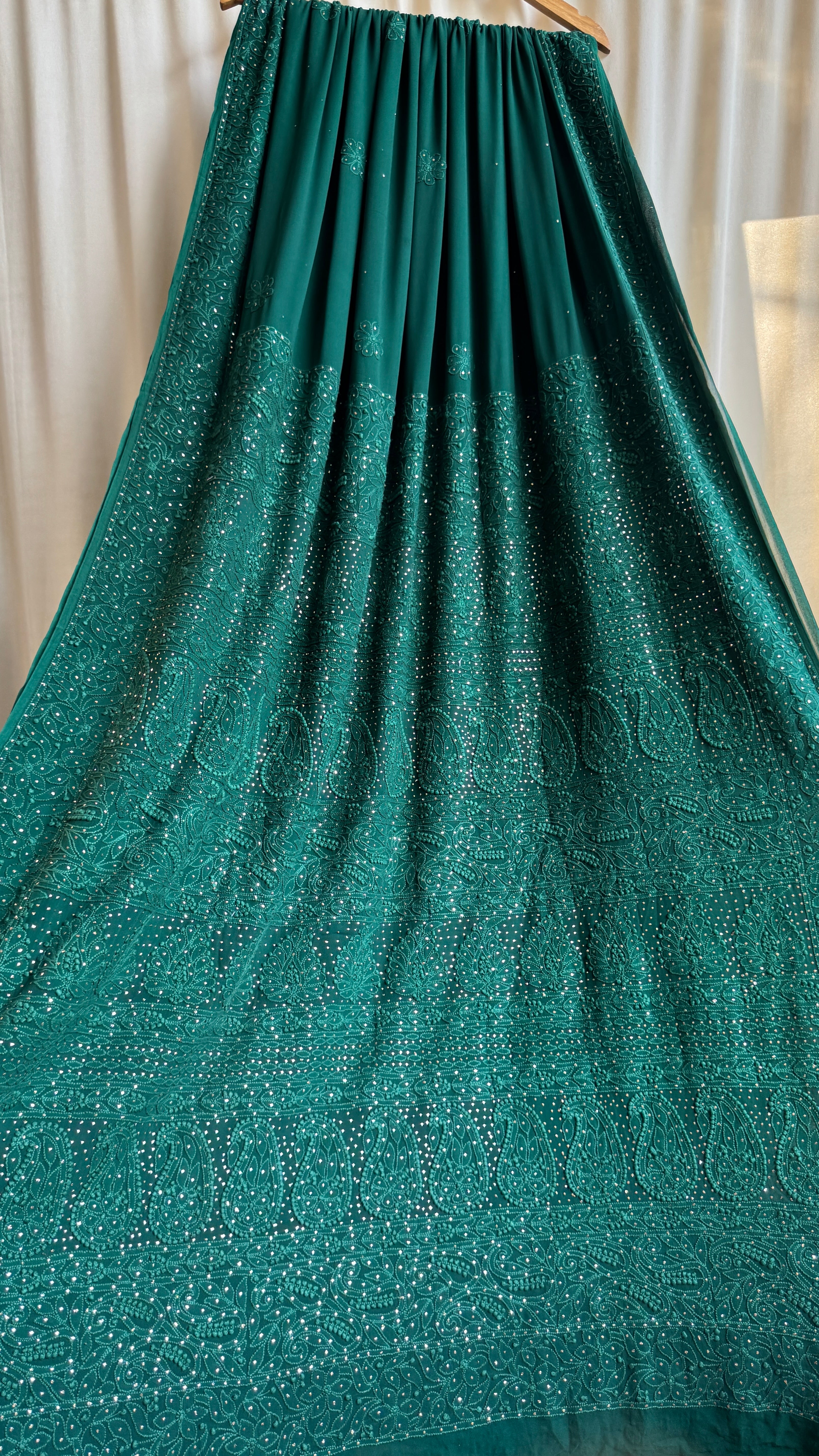 Viscose Green Chikankari saree with Mukaish Work