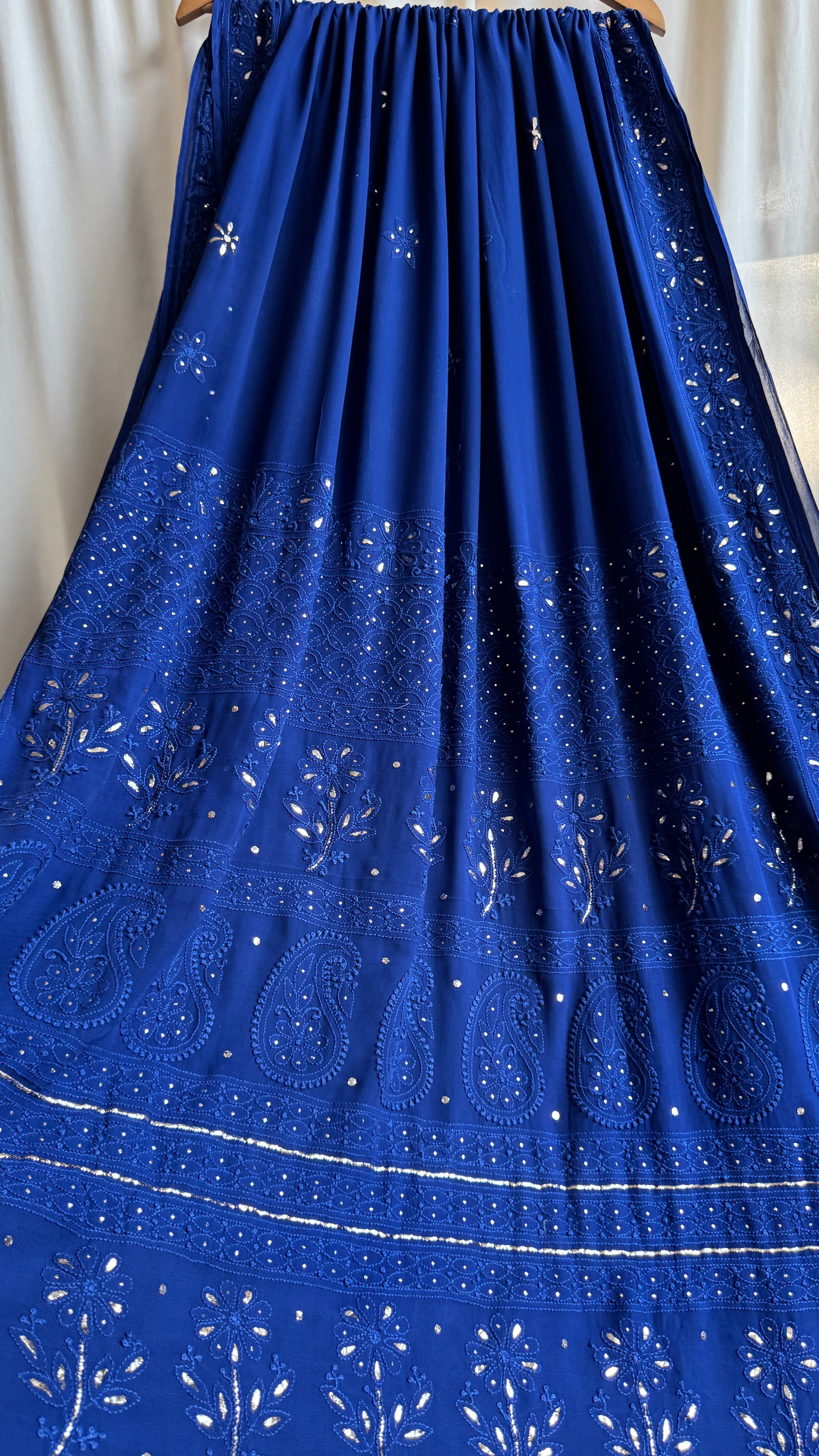 Viscose Dark Blue Chikankari saree with Mukaish Work