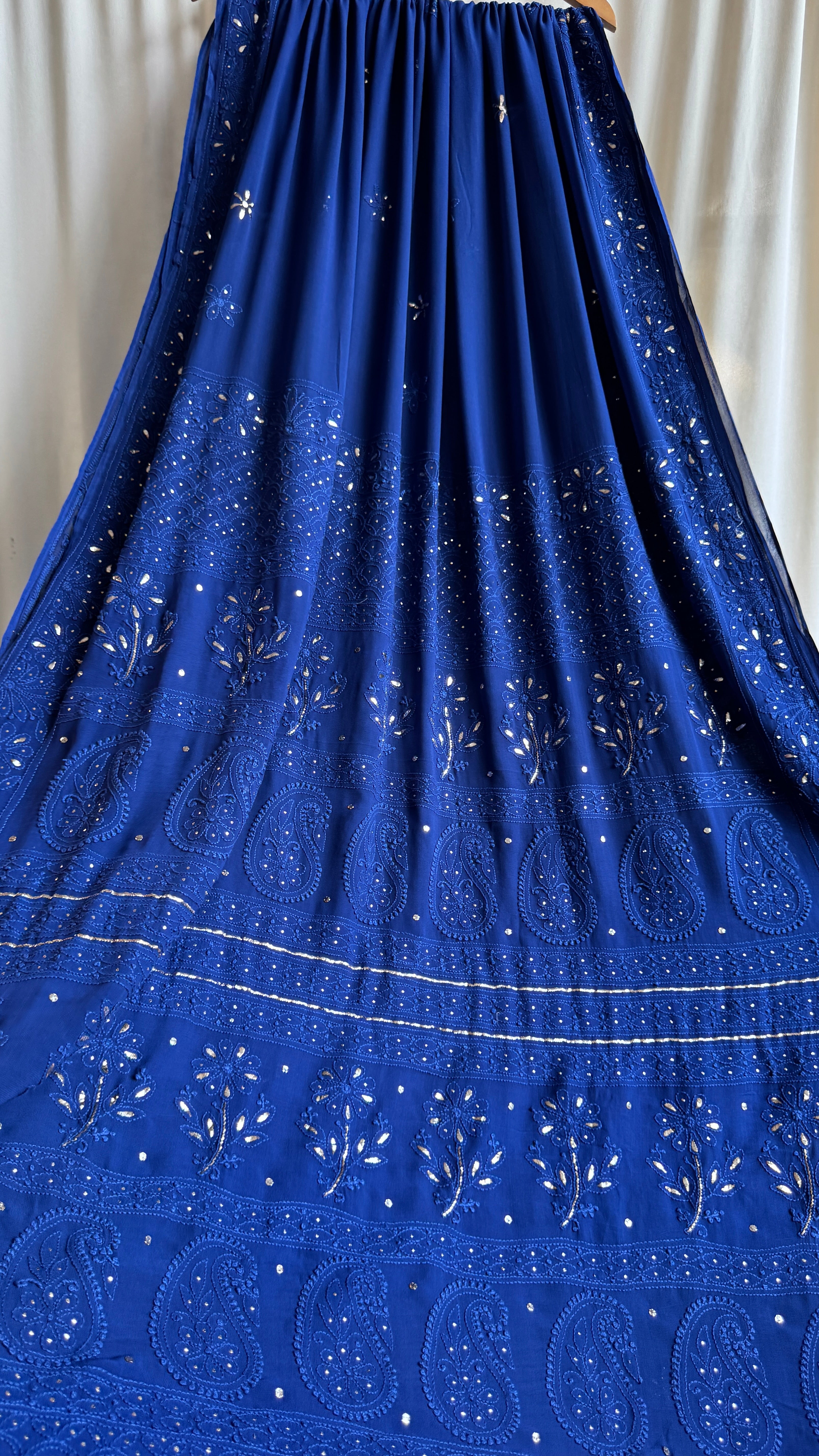 Viscose Dark Blue Chikankari saree with Mukaish Work