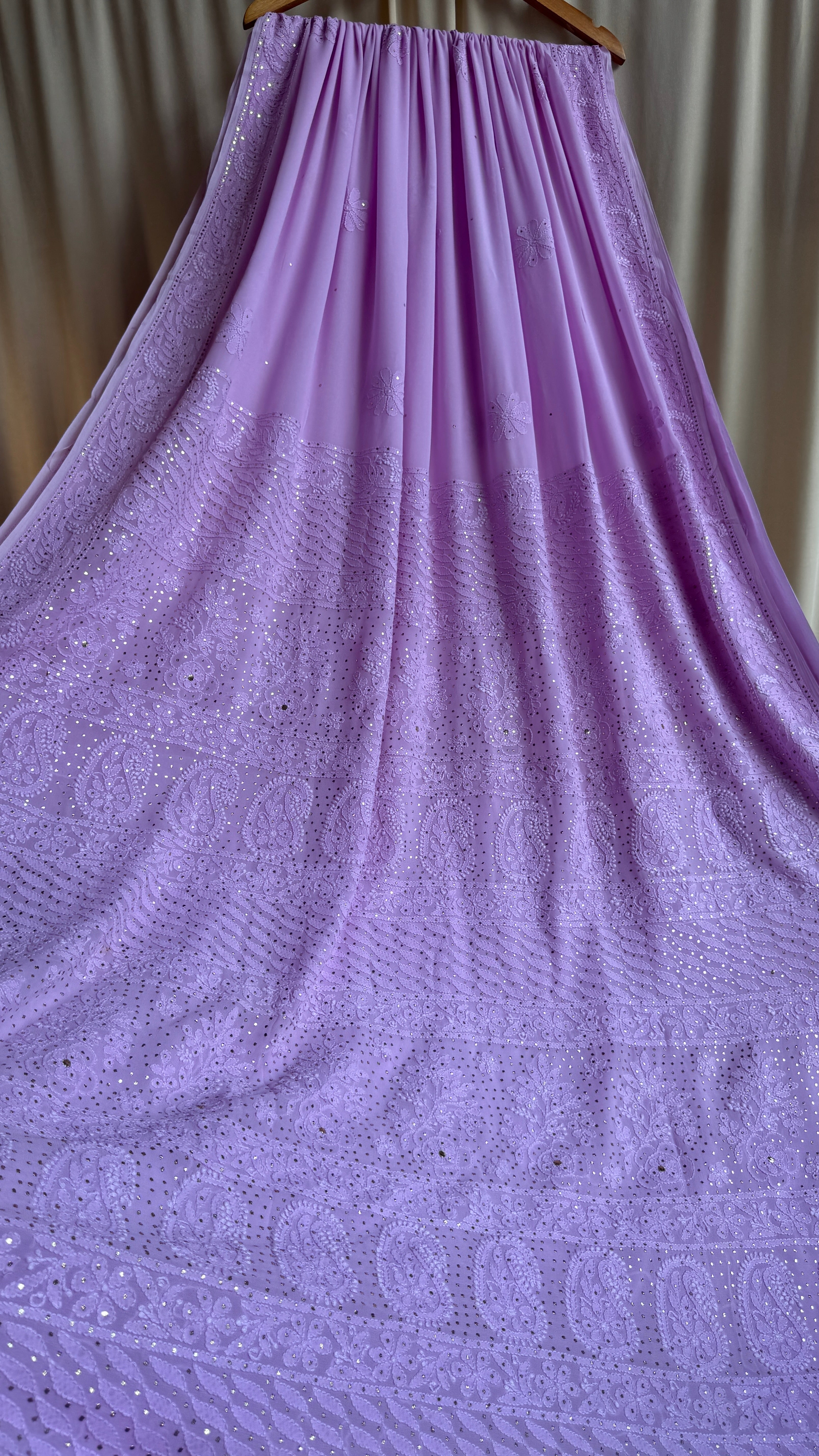 Viscose Lilac Chikankari saree with Mukaish Work