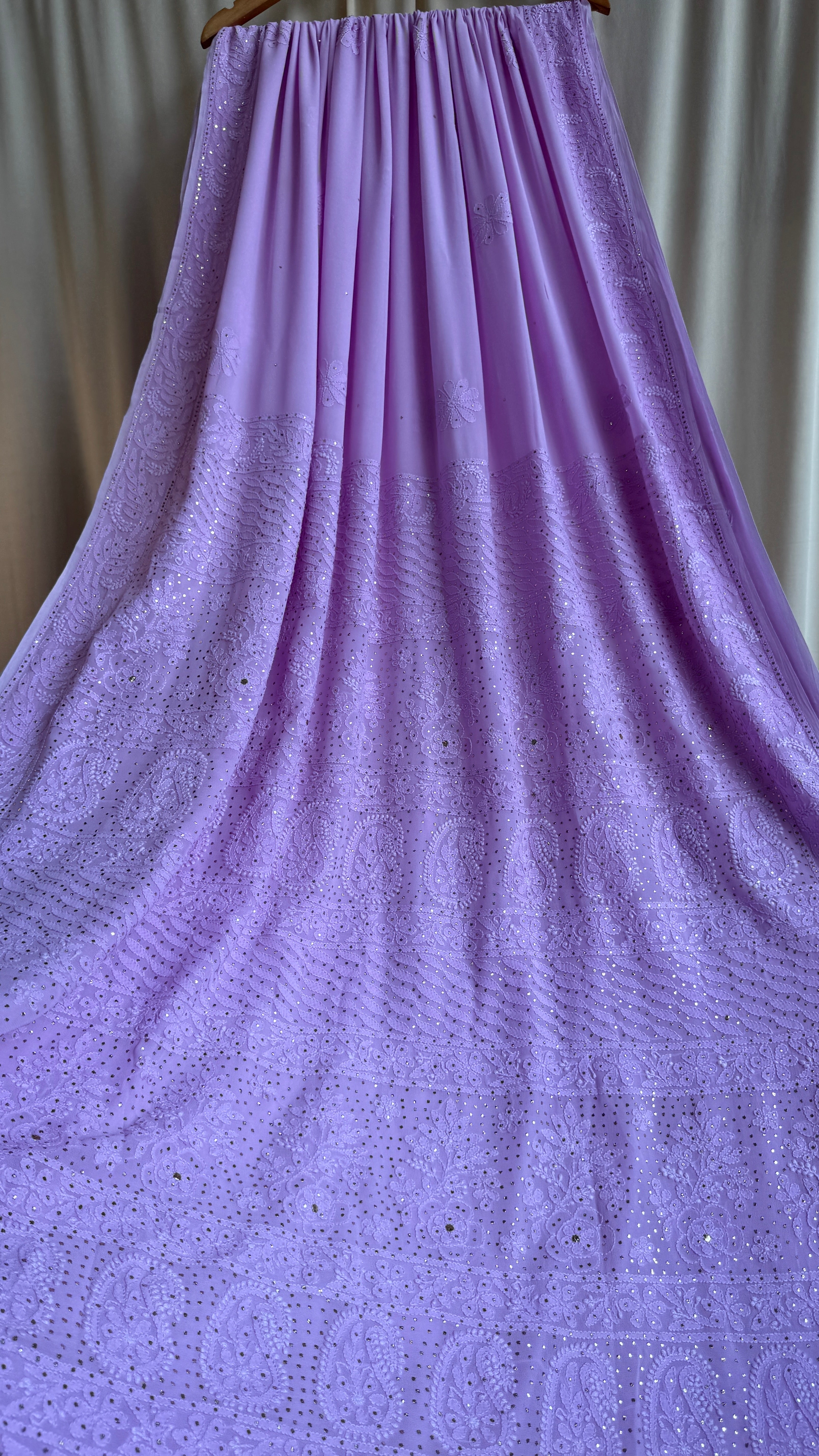 Viscose Lilac Chikankari saree with Mukaish Work