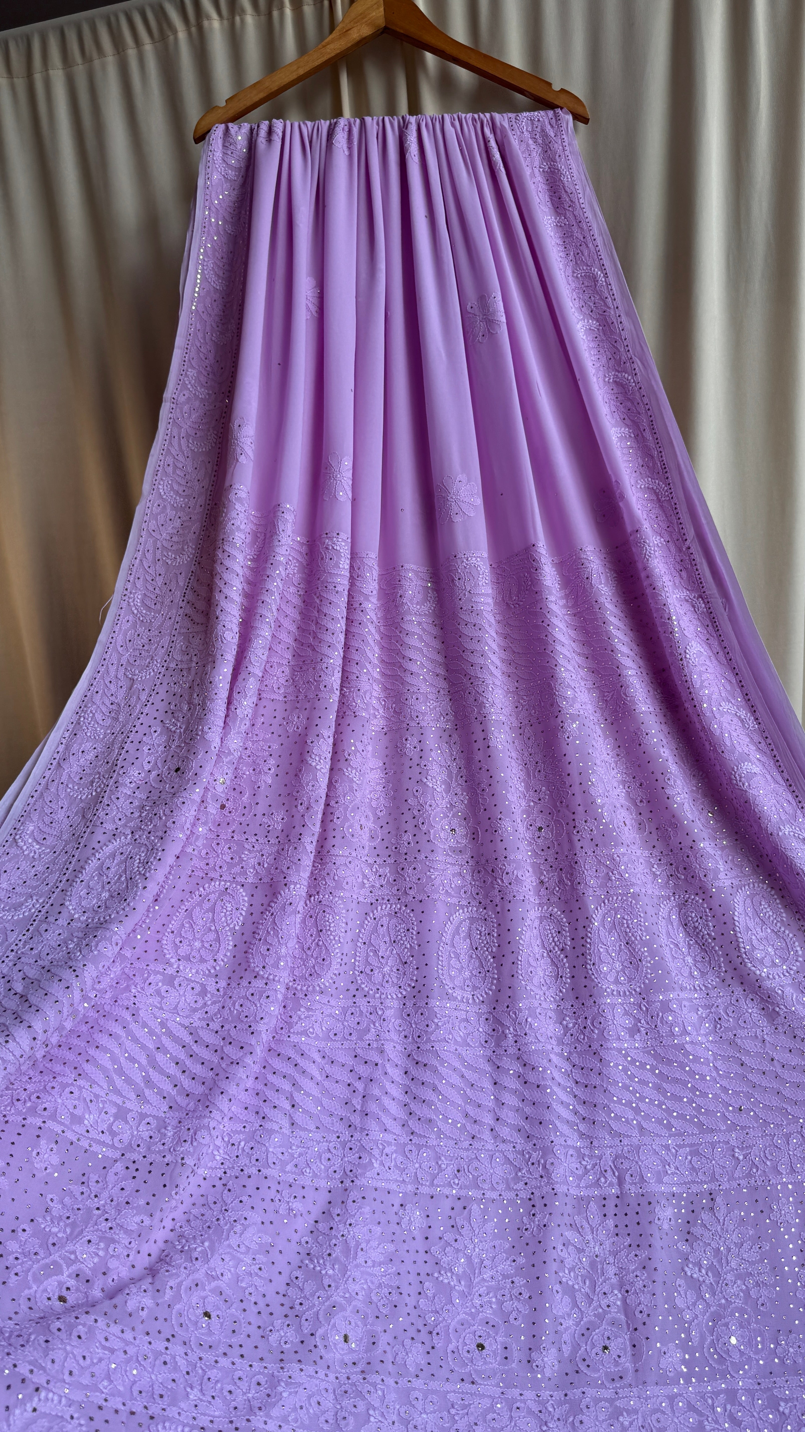 Viscose Lilac Chikankari saree with Mukaish Work