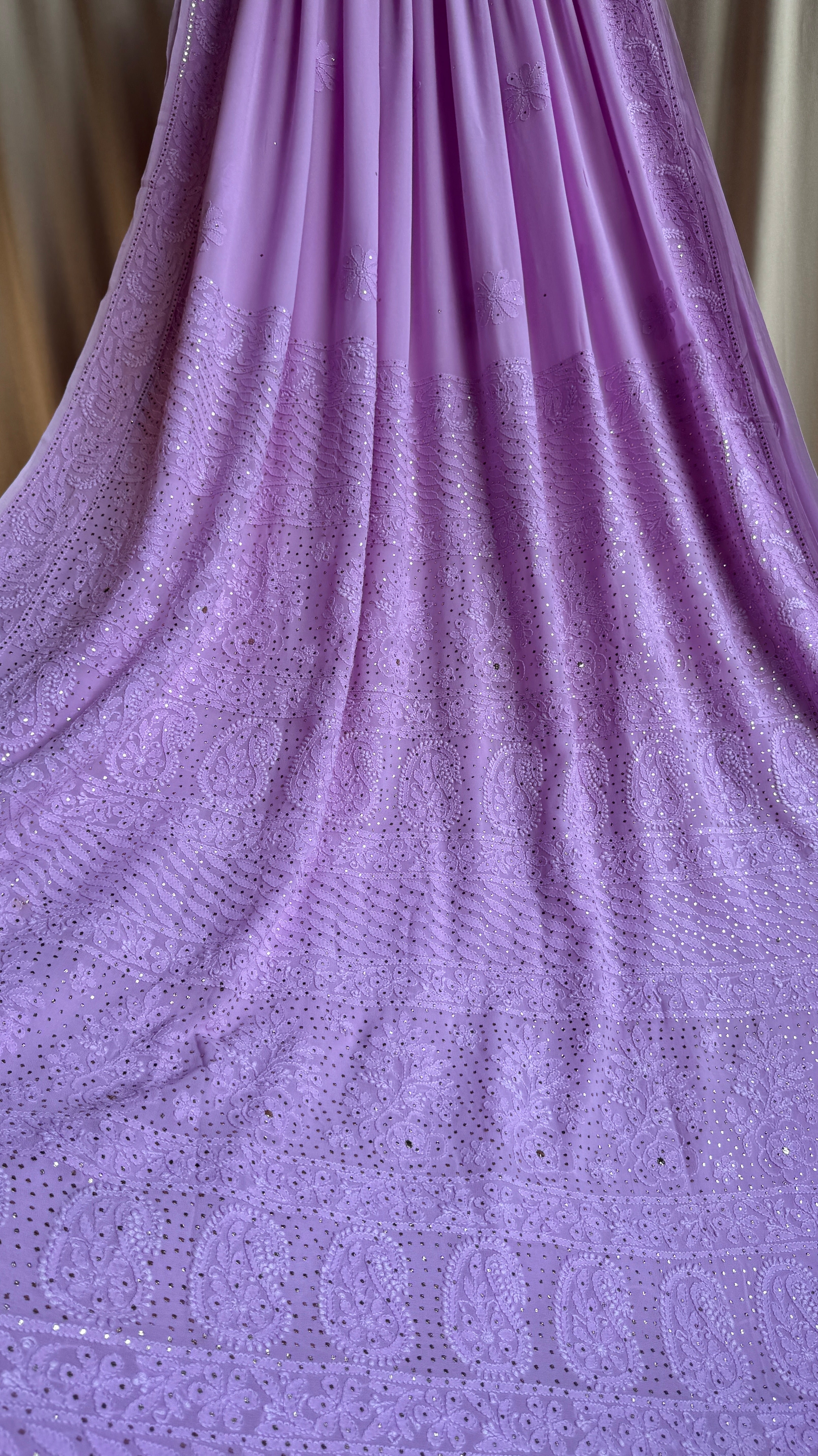 Viscose Lilac Chikankari saree with Mukaish Work