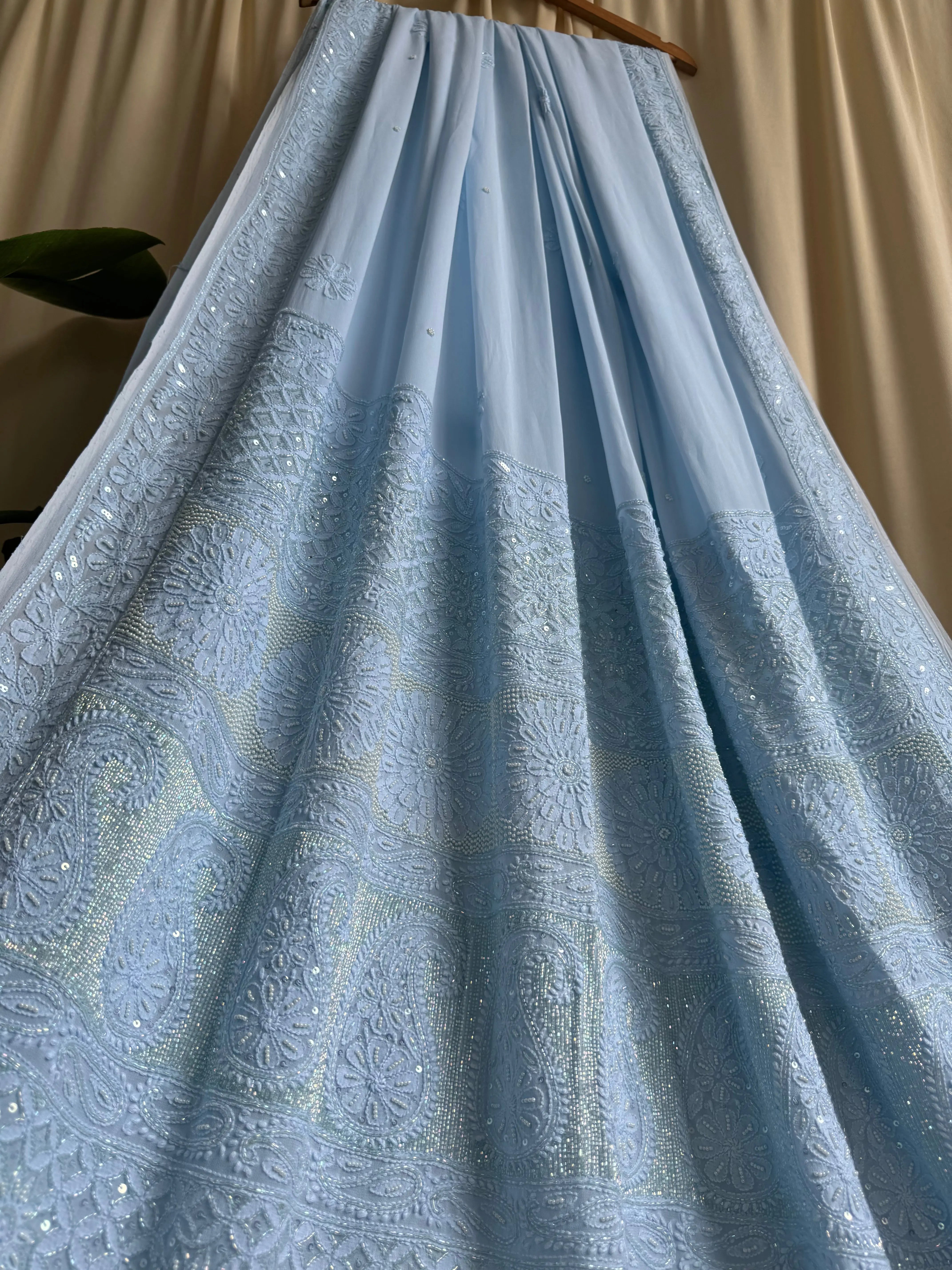 Viscose Blue Chikankari saree with Pearl embellishments ARIAA CHIKANKARI
