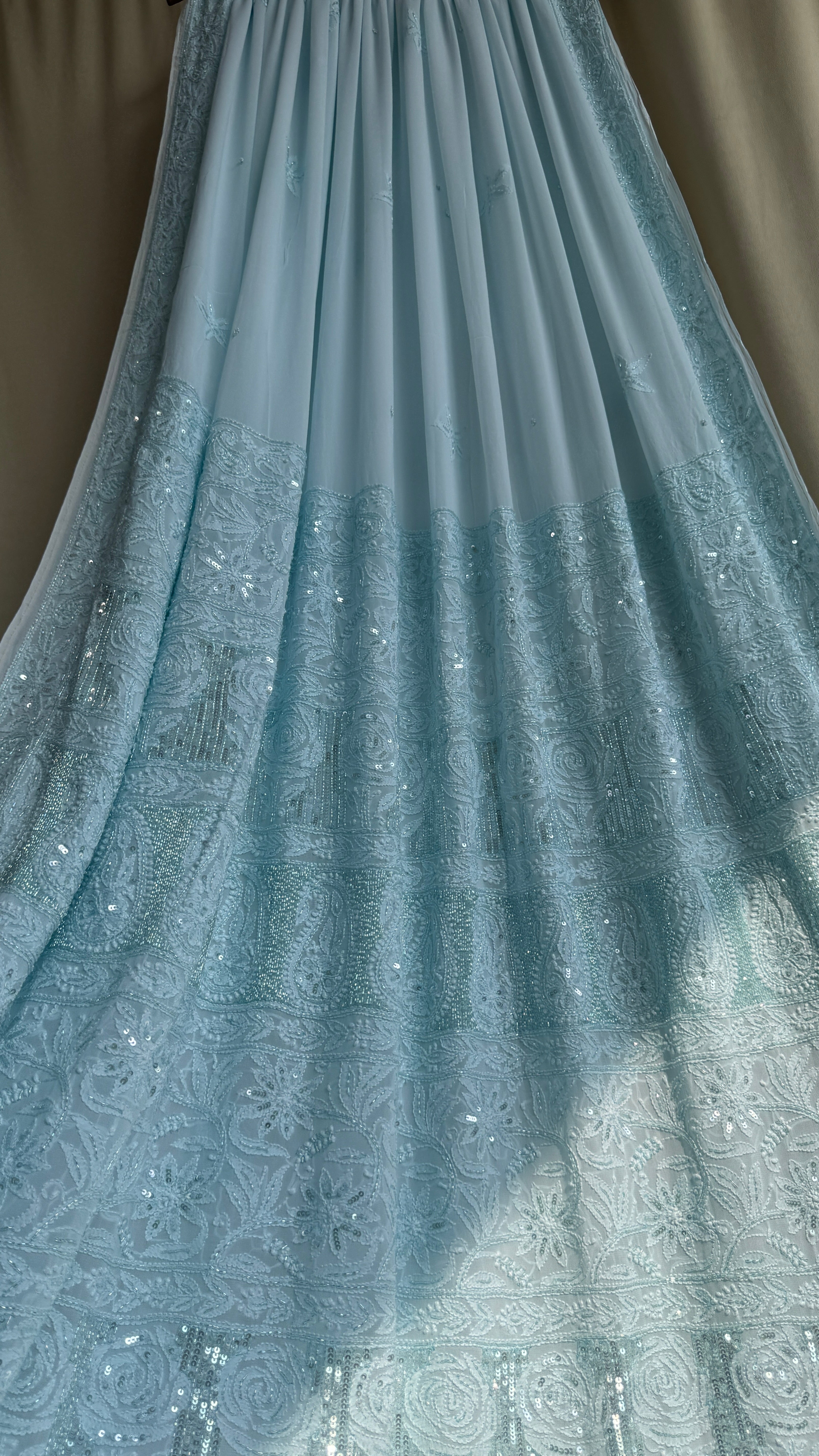 Viscose Cyan Blue Chikankari saree with Pearl embellishments