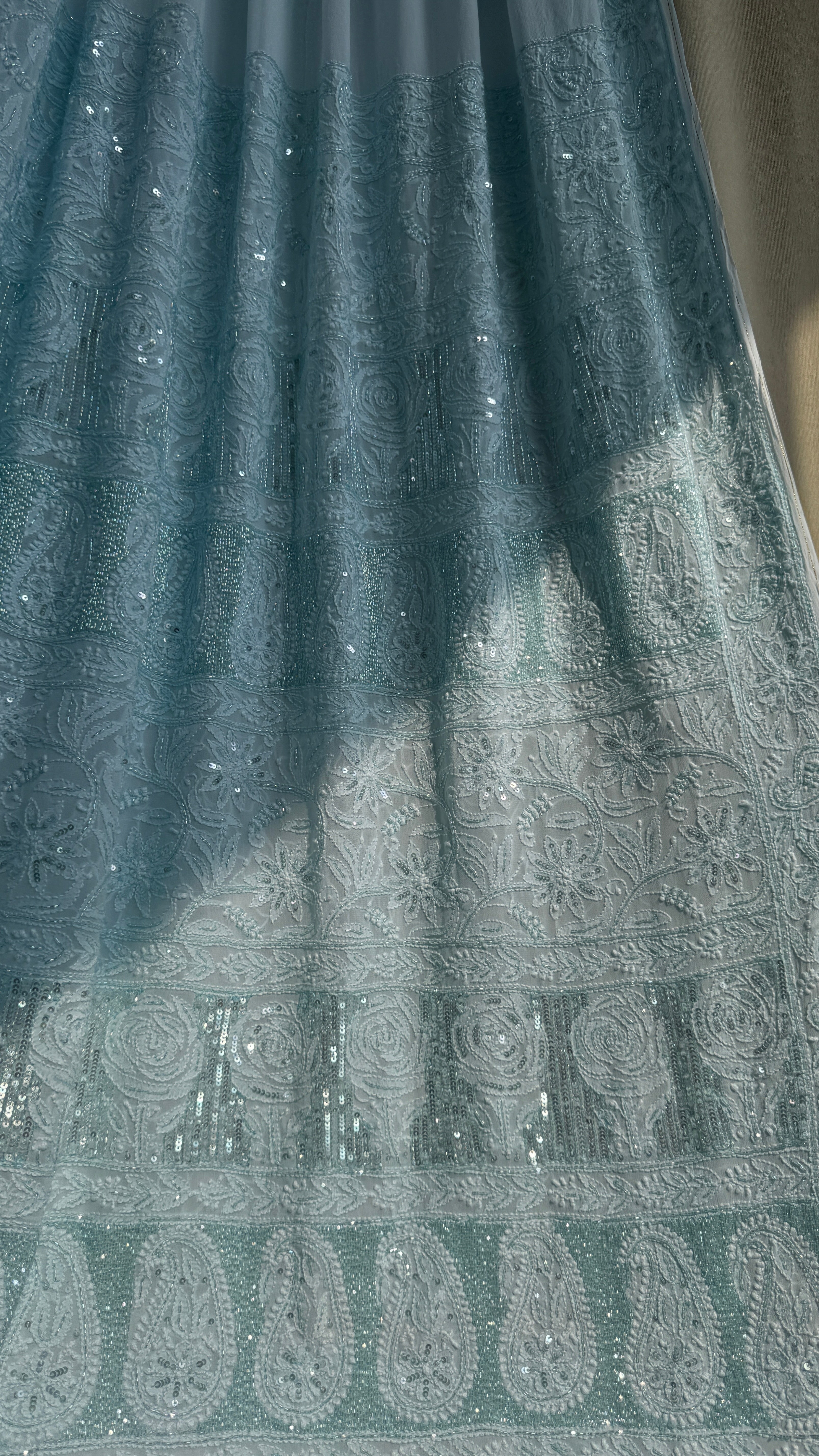 Viscose Cyan Blue Chikankari saree with Pearl embellishments