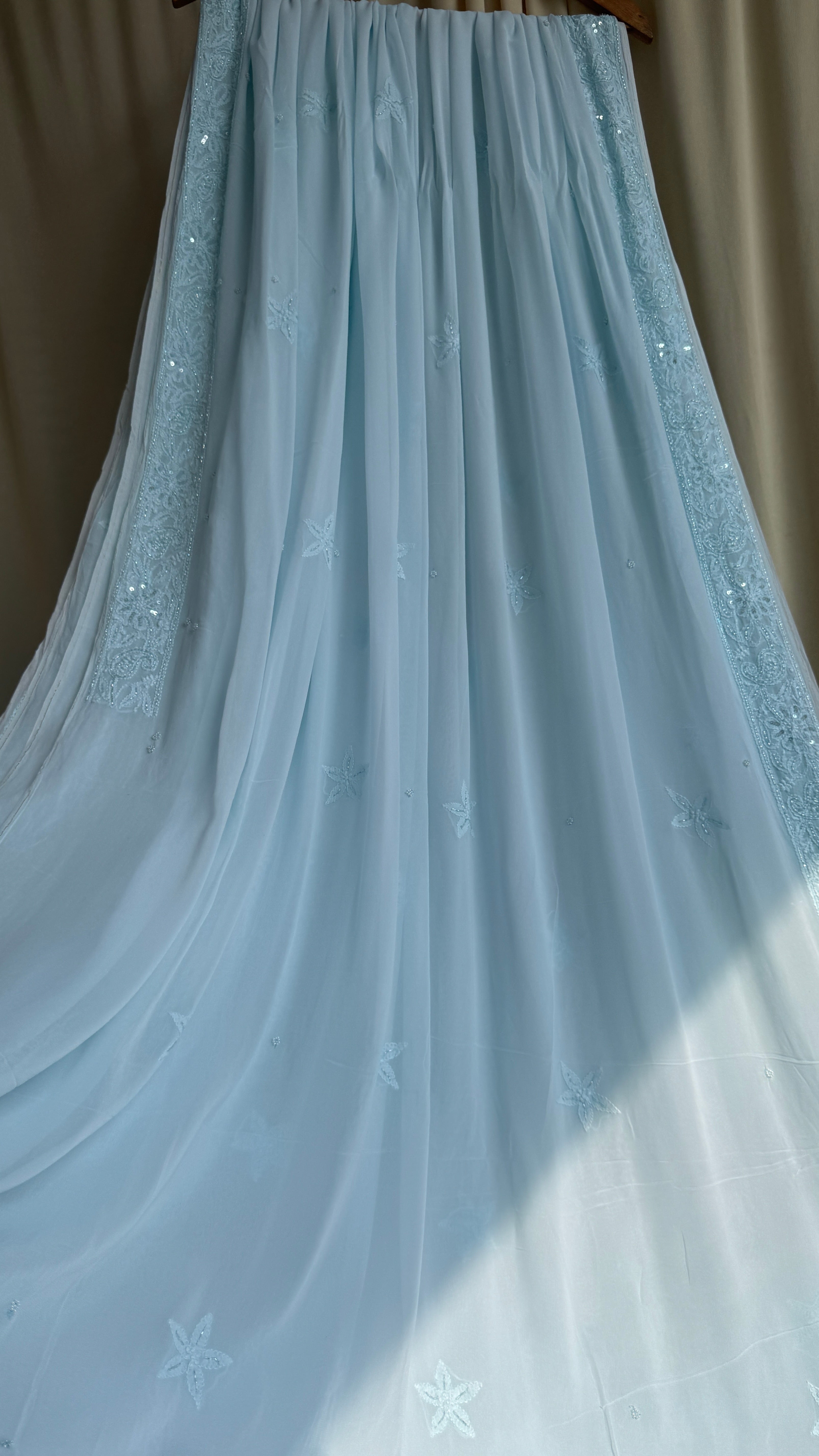 Viscose Cyan Blue Chikankari saree with Pearl embellishments