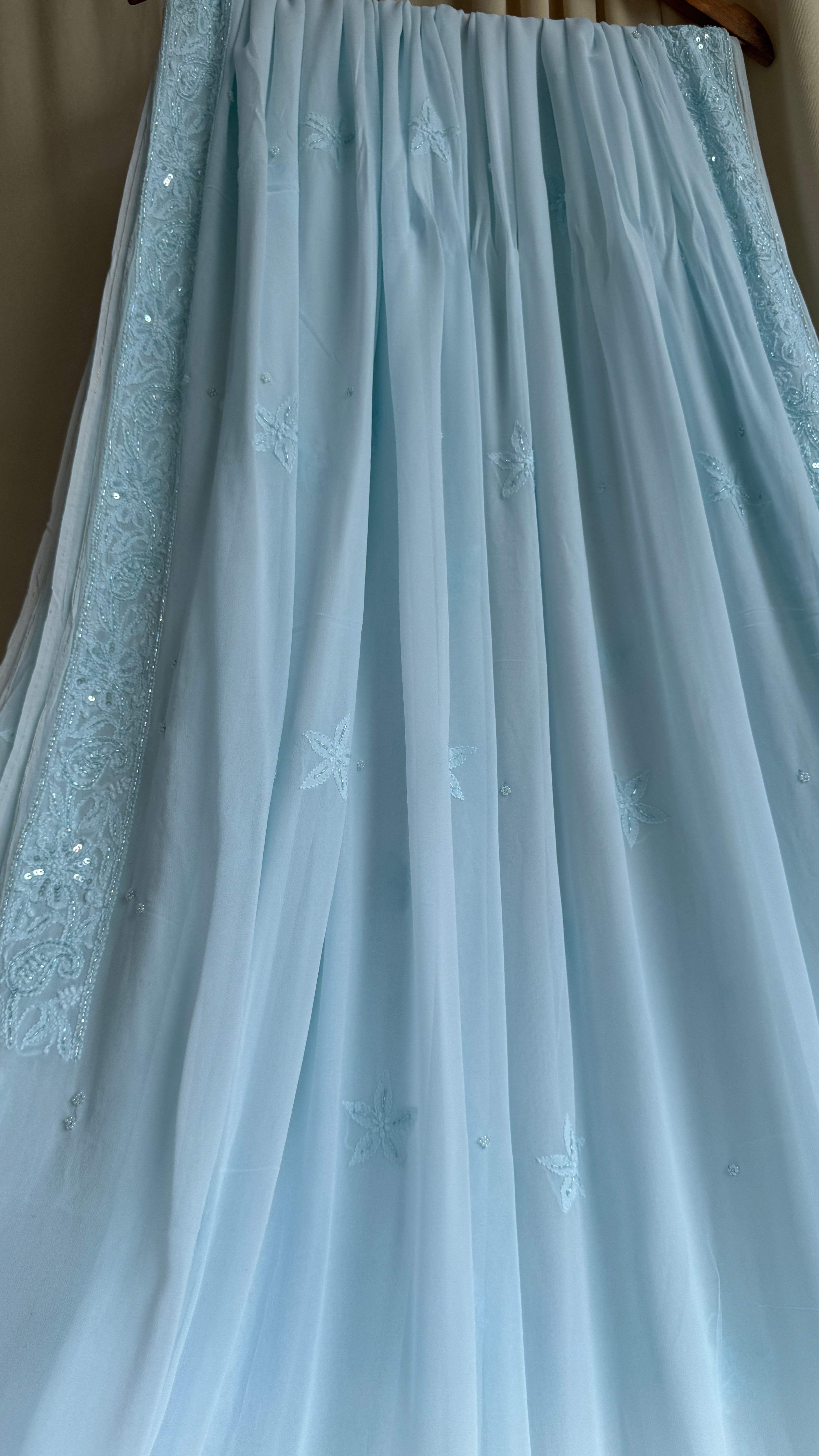 Viscose Cyan Blue Chikankari saree with Pearl embellishments