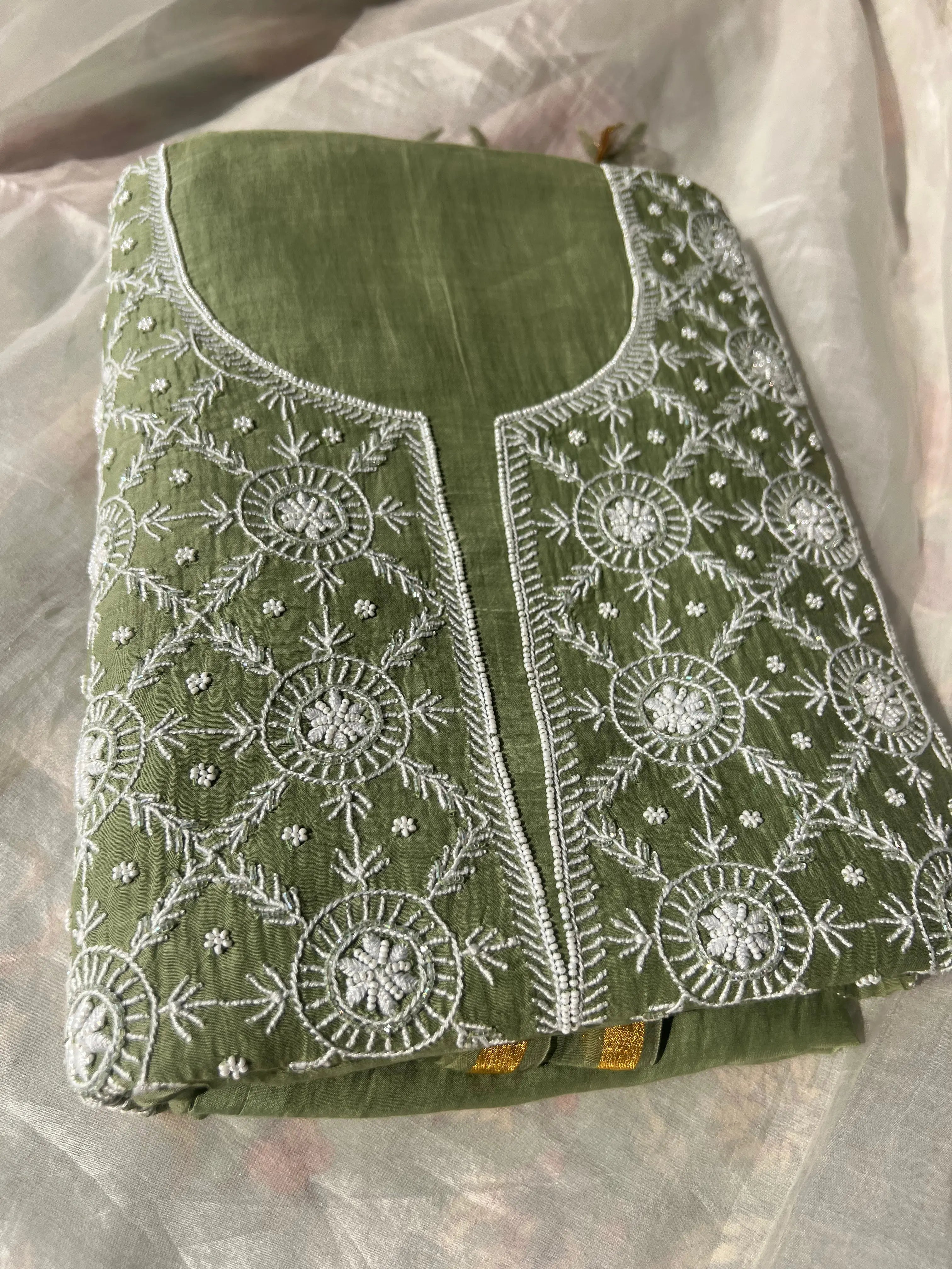 Mul Chanderi Chikankari - Heavy Unstitched Set - Green ARIAA CHIKANKARI