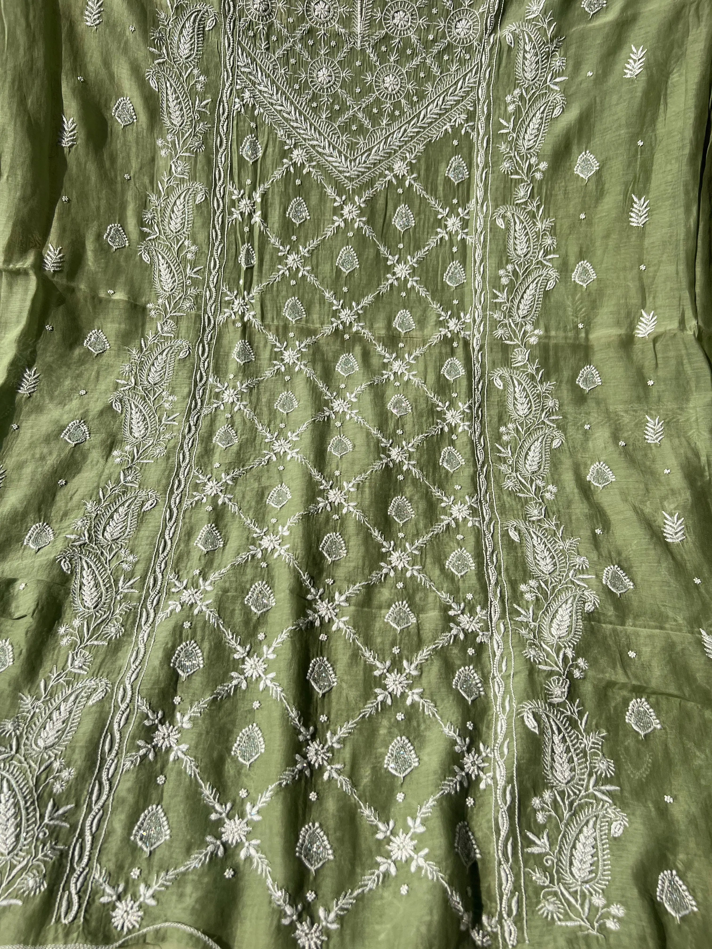Mul Chanderi Chikankari - Heavy Unstitched Set - Green ARIAA CHIKANKARI